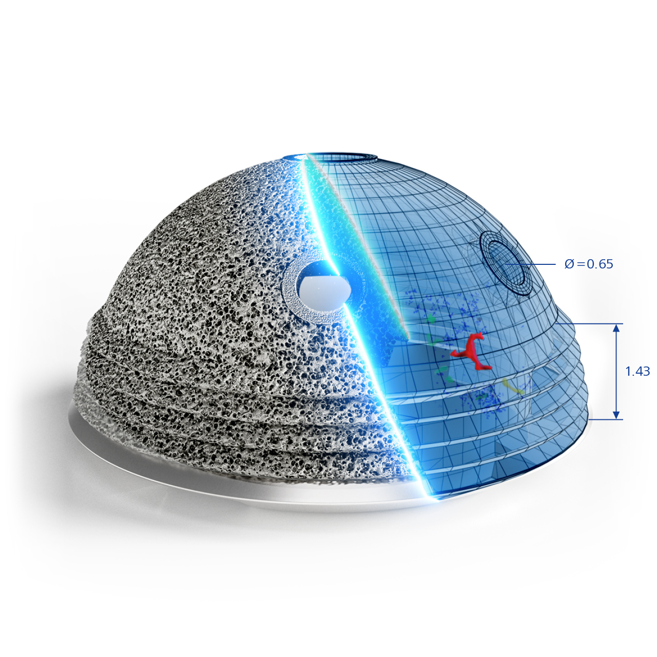 Coppa per anca stampata in 3D ispezionata in modo non distruttivo con i raggi X per rilevare la presenza di vuoti, crepe e qualsiasi altro problema