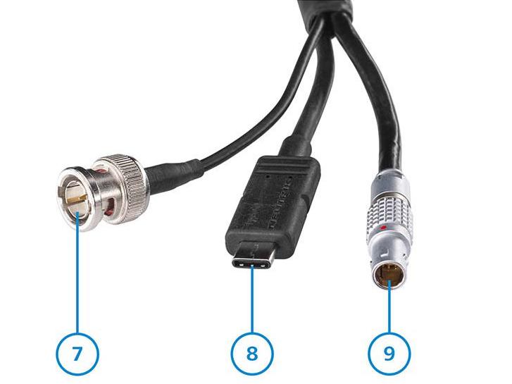 Close-up image of three ZEISS cables with labeled connectors: a BNC connector (7), a USB-C connector (8), and a metallic push-pull connector (9).