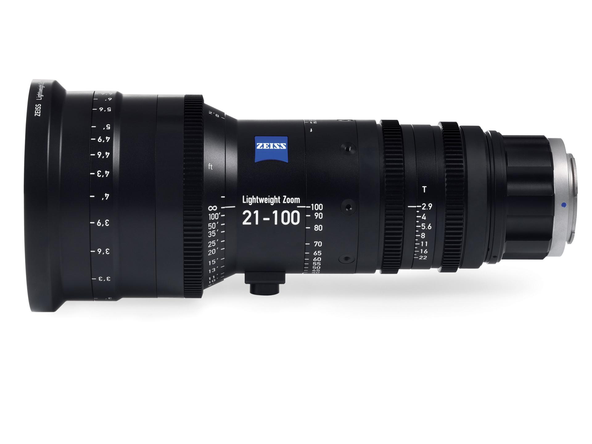 Professional camera lens labeled "ZEISS Lightweight Zoom 21-100" with detailed focal length and aperture markings.