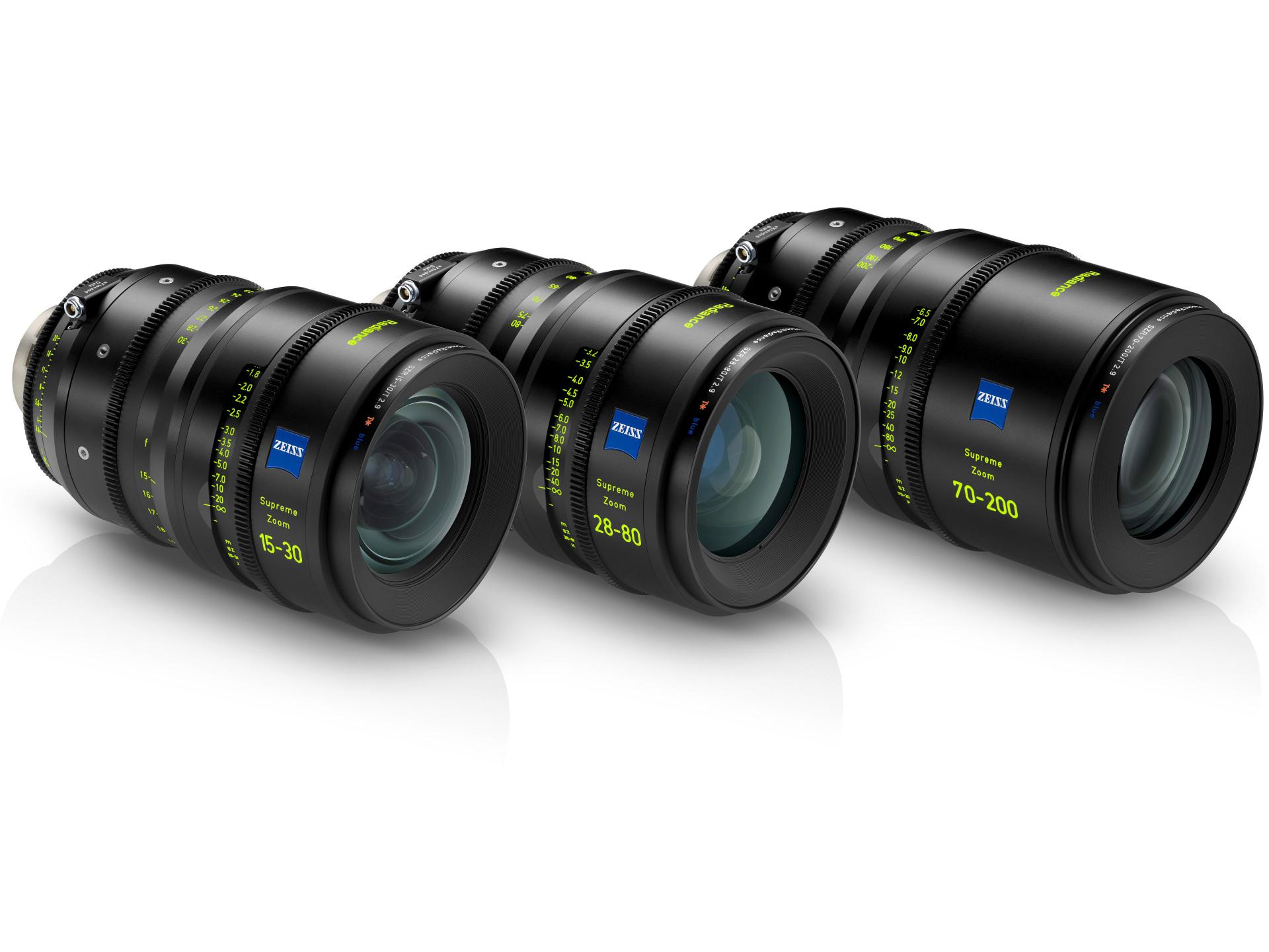 Three ZEISS Supreme Prime Zoom cinema lenses with focal lengths of 15–30mm, 28–80mm, and 70–200mm are displayed side by side on a white background.