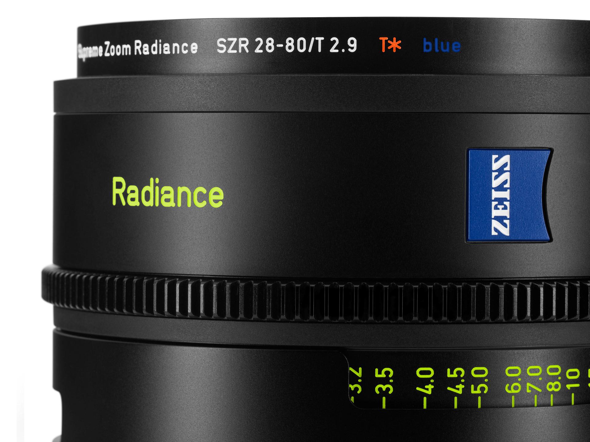 Close-up view of a ZEISS Supreme Prime Radiance Zoom Lens showing the "Radiance" label, focal length markings, and the ZEISS logo.