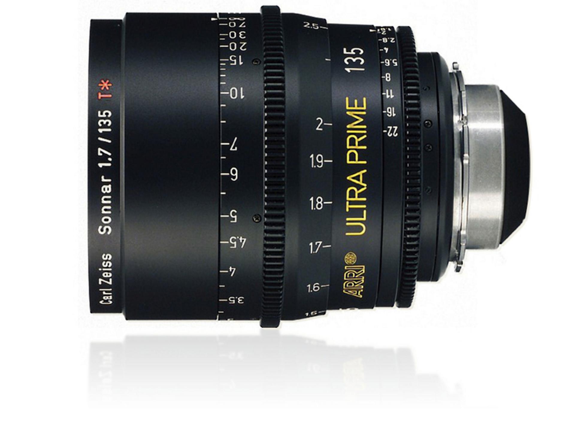 Side view of a ZEISS Ultra Prime 135mm T/1.9 Sonnar camera lens with focus and aperture markings.