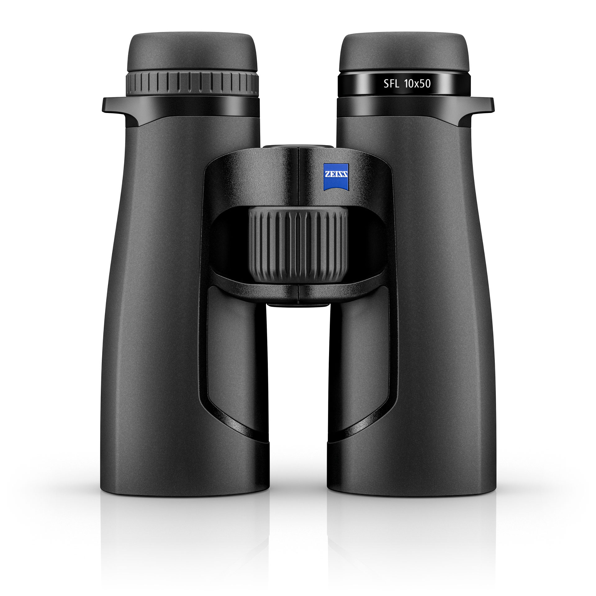 Black ZEISS SFL 10x50 binoculars shown from the front with the ZEISS logo visible on the central hinge.