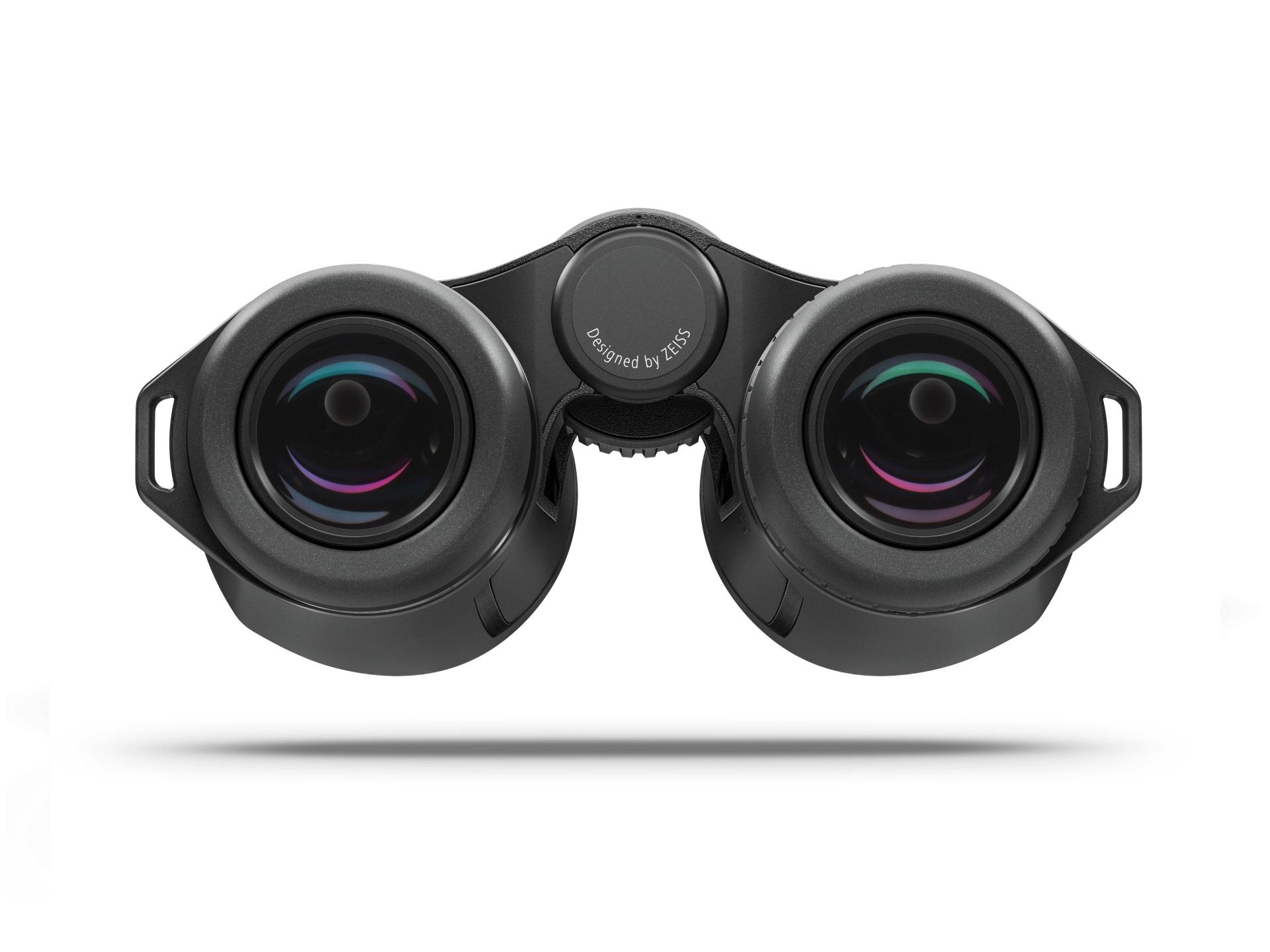 Front view of a compact black ZEISS binocular with dual large lenses and "Designed by ZEISS" text on the central hinge.
