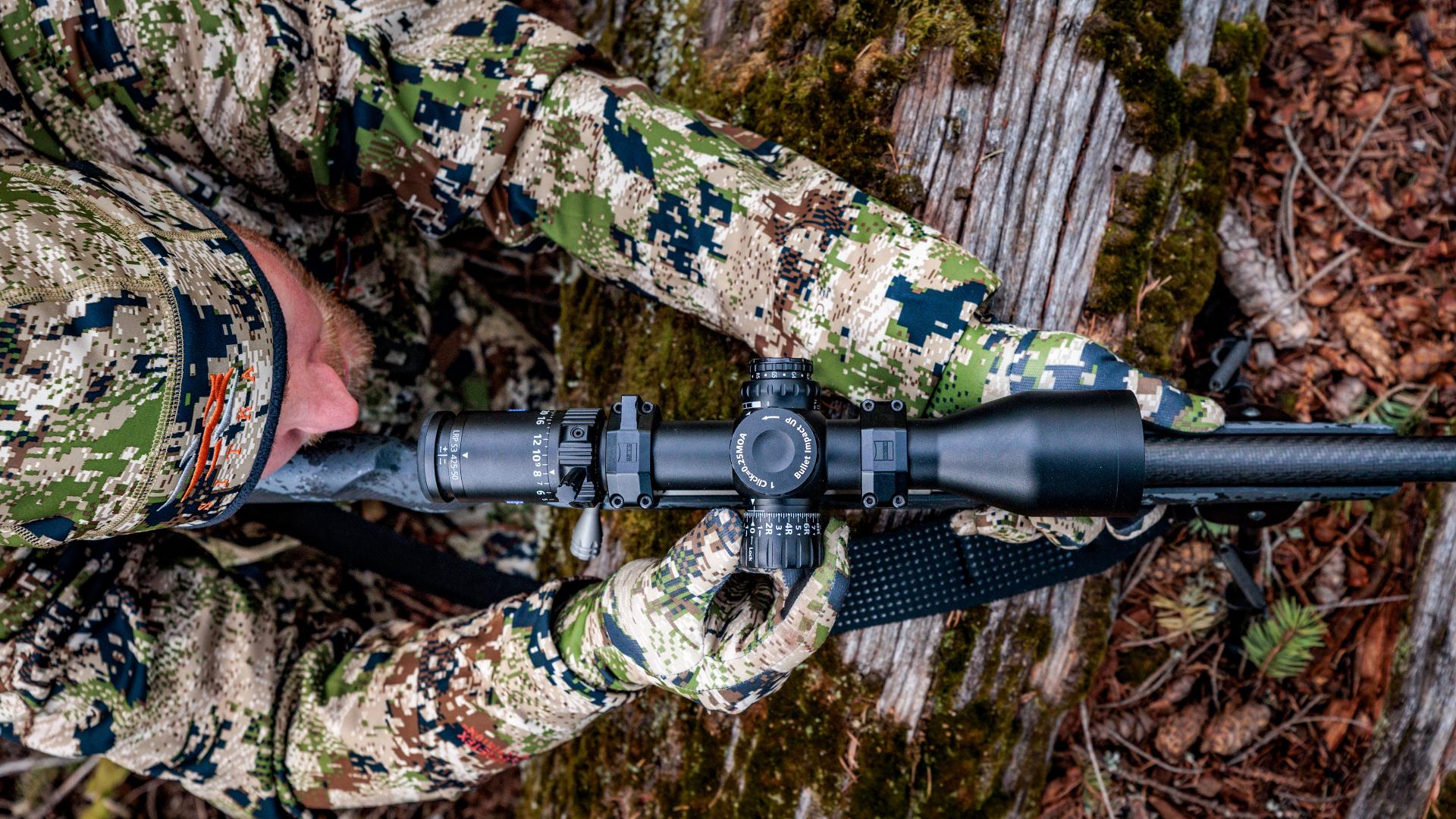Top view of a rifle equipped with the ZEISS LRP S3 riflescope in use – highlighting the external locking windage turret with secure lock feature