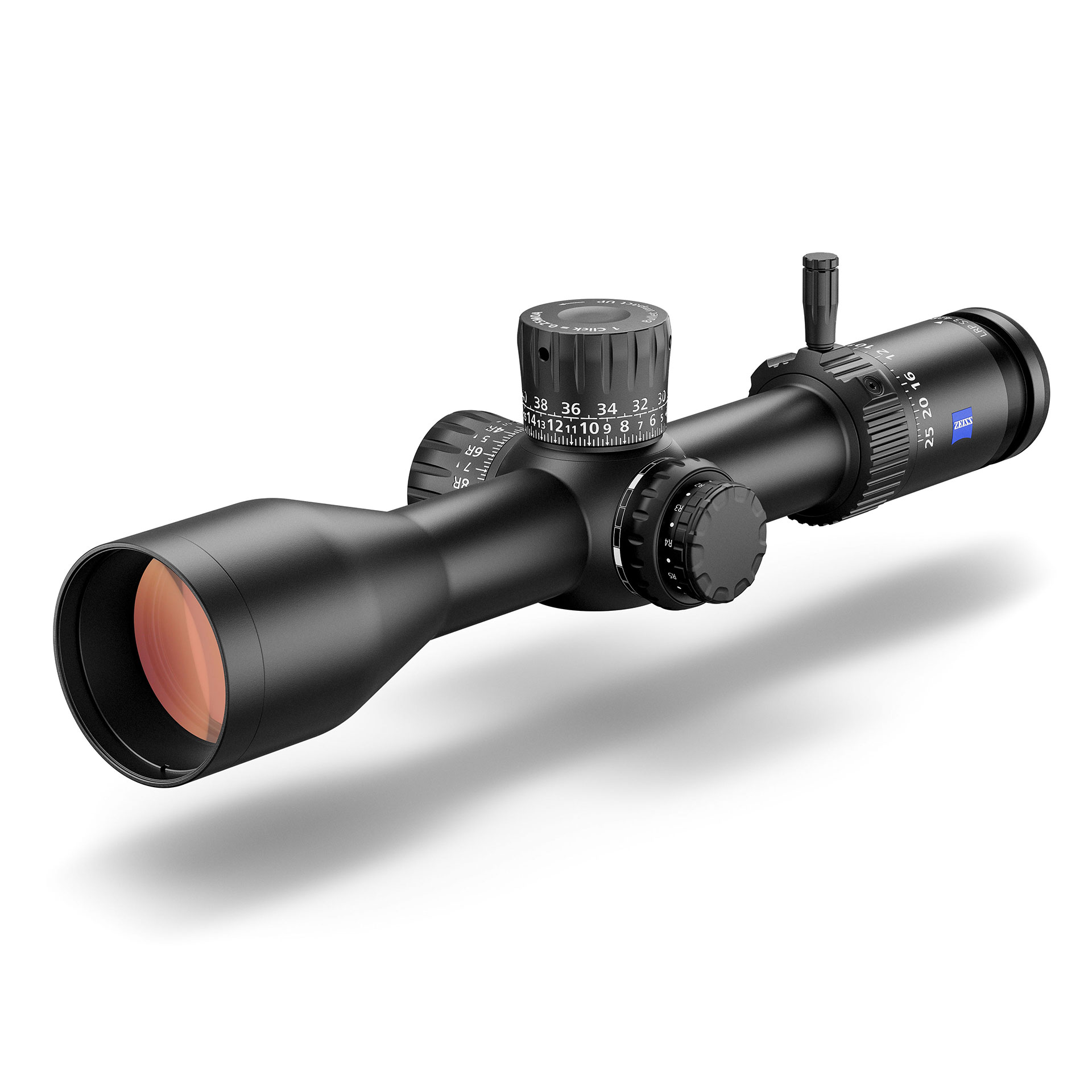 Product shot of the ZEISS LRP S3 425-50 riflescope with large objective lens and precise adjustment turrets, designed for high accuracy at medium and long ranges
