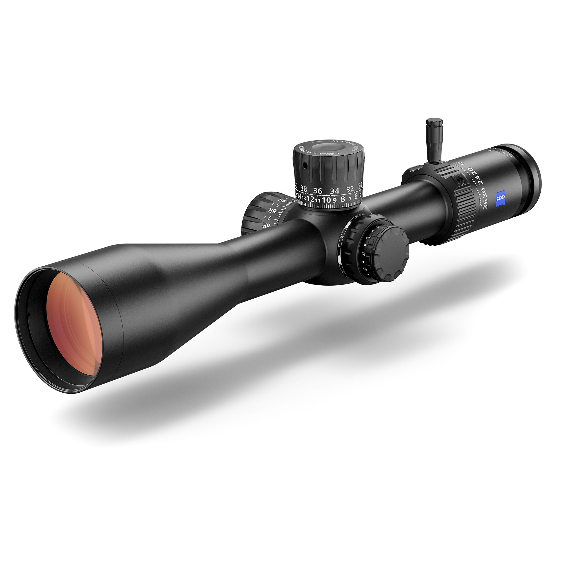 Product shot of the ZEISS LRP S3 636-56 riflescope with extended housing and robust design, optimized for extreme magnification and long-distance shooting