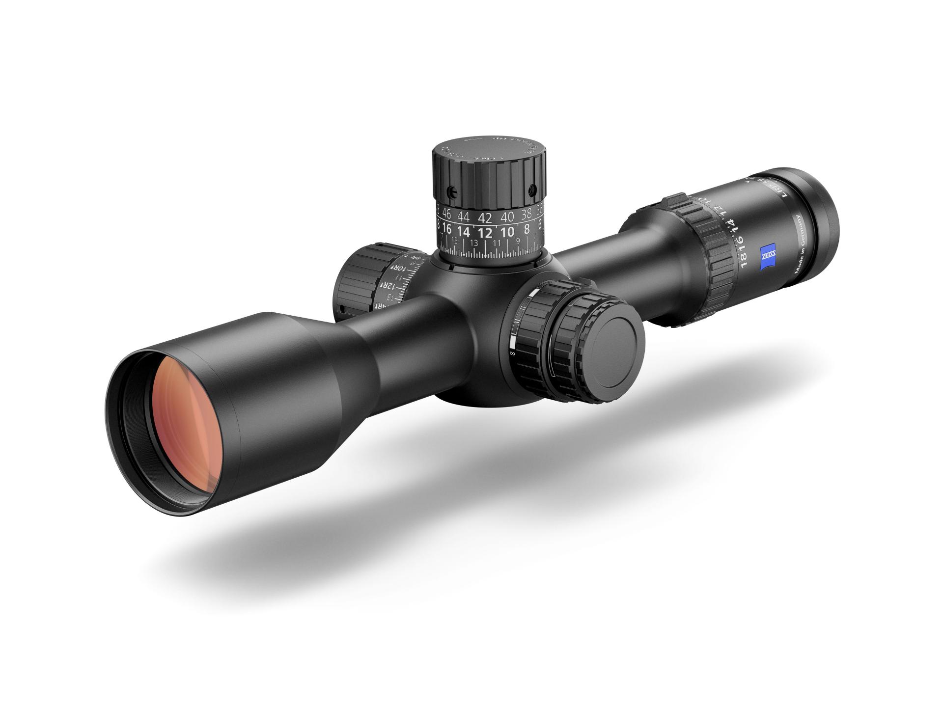Side view of ZEISS LRP S5 riflescope with illuminated lens and clearly marked adjustment turrets.