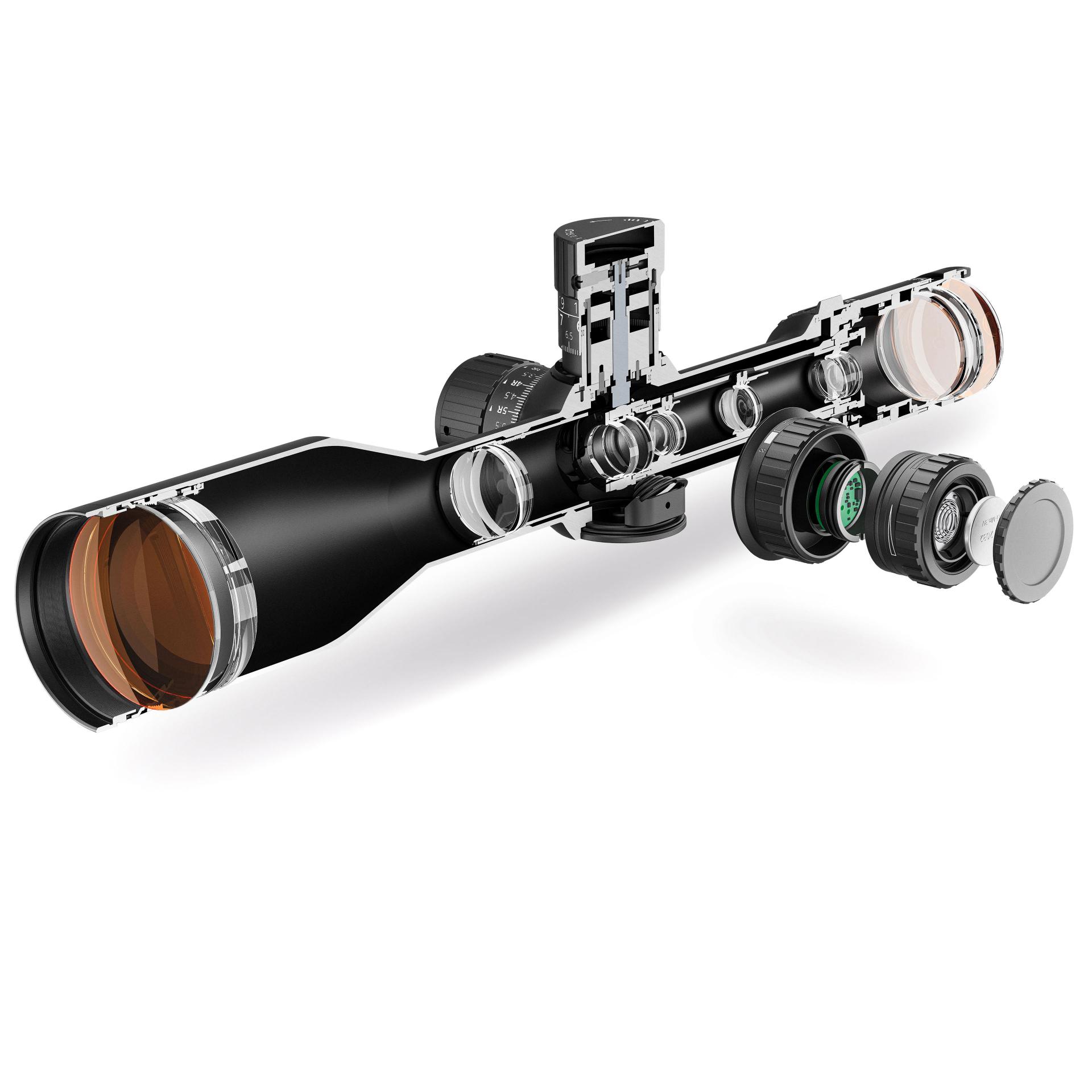 ZEISS LRP S5 riflescope with cutaway view of internal optics and mechanics, designed for accuracy, clarity, and performance at any distance
