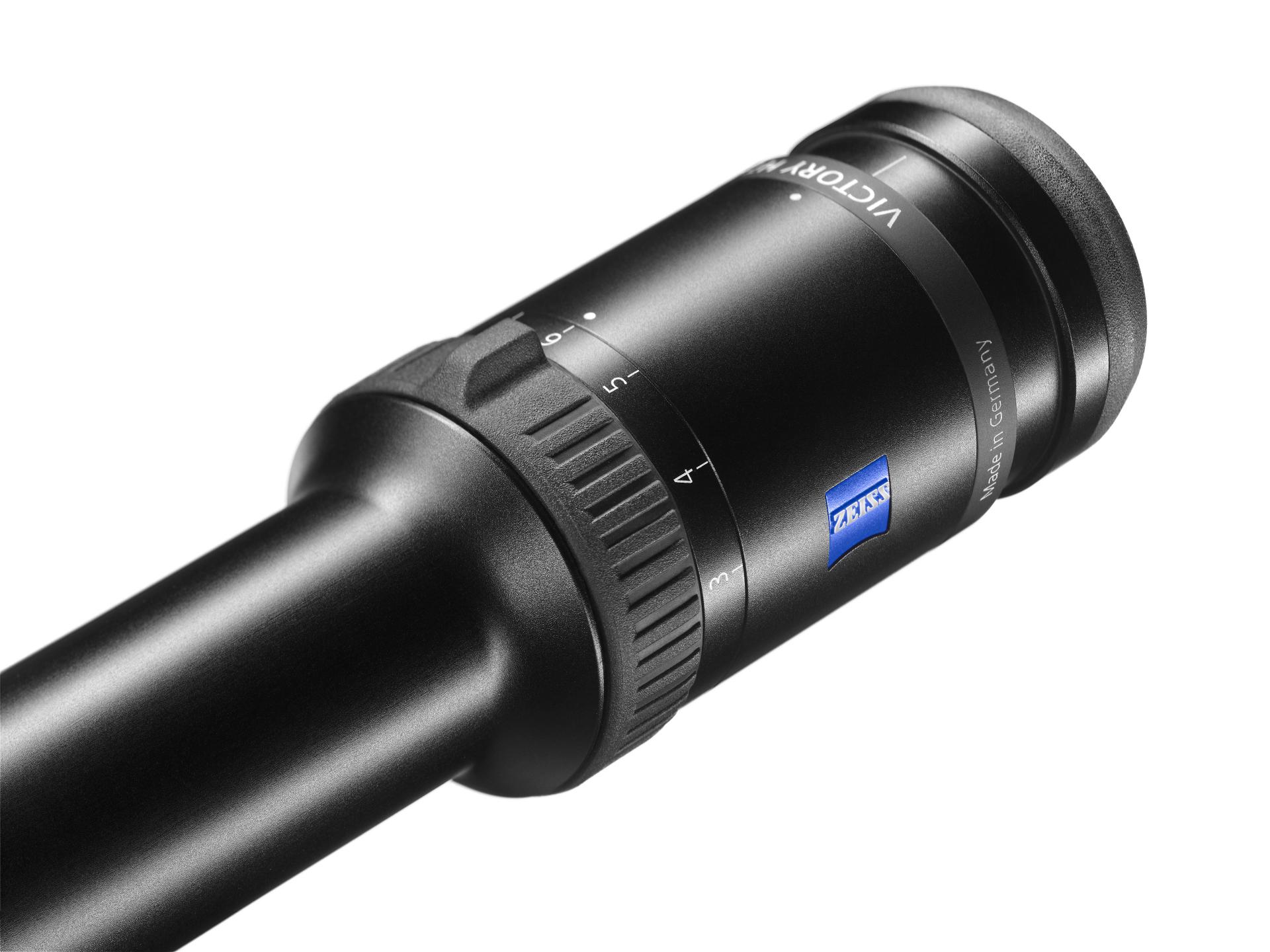 Close-up of ZEISS Victory HT riflescope magnification adjustment ring, designed for precise zoom control and marked with ZEISS logo