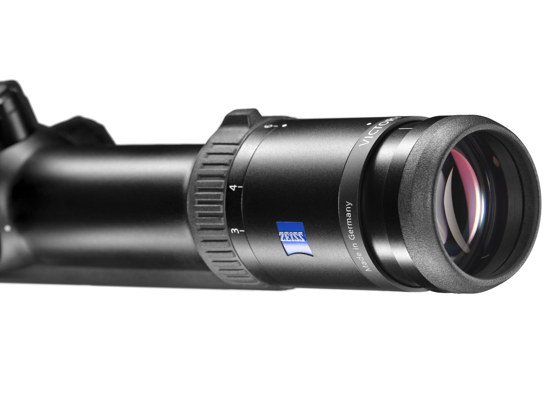 Close-up of ZEISS Victory HT riflescope eyepiece with ZEISS logo and Made in Germany engraving, ensuring premium optical quality