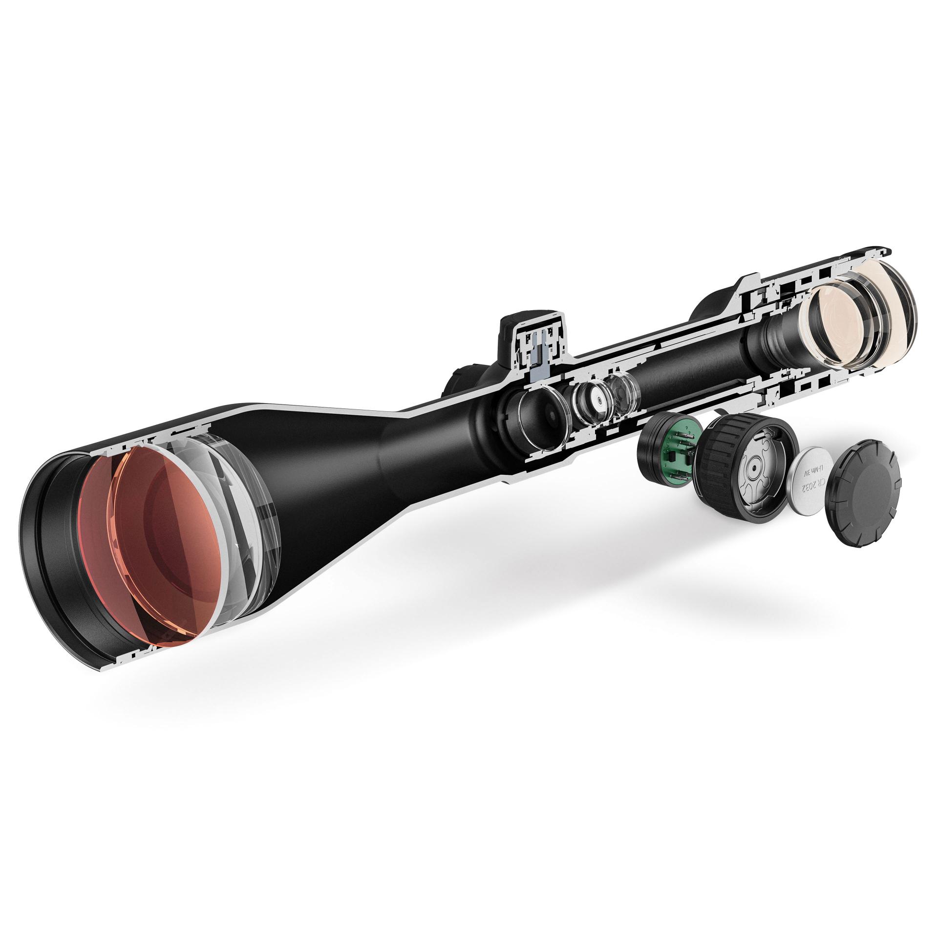 Cutaway view of the ZEISS Victory HT riflescope showing internal optical components, engineered with 95% light transmission for unmatched brightness and clarity in low-light hunting conditions