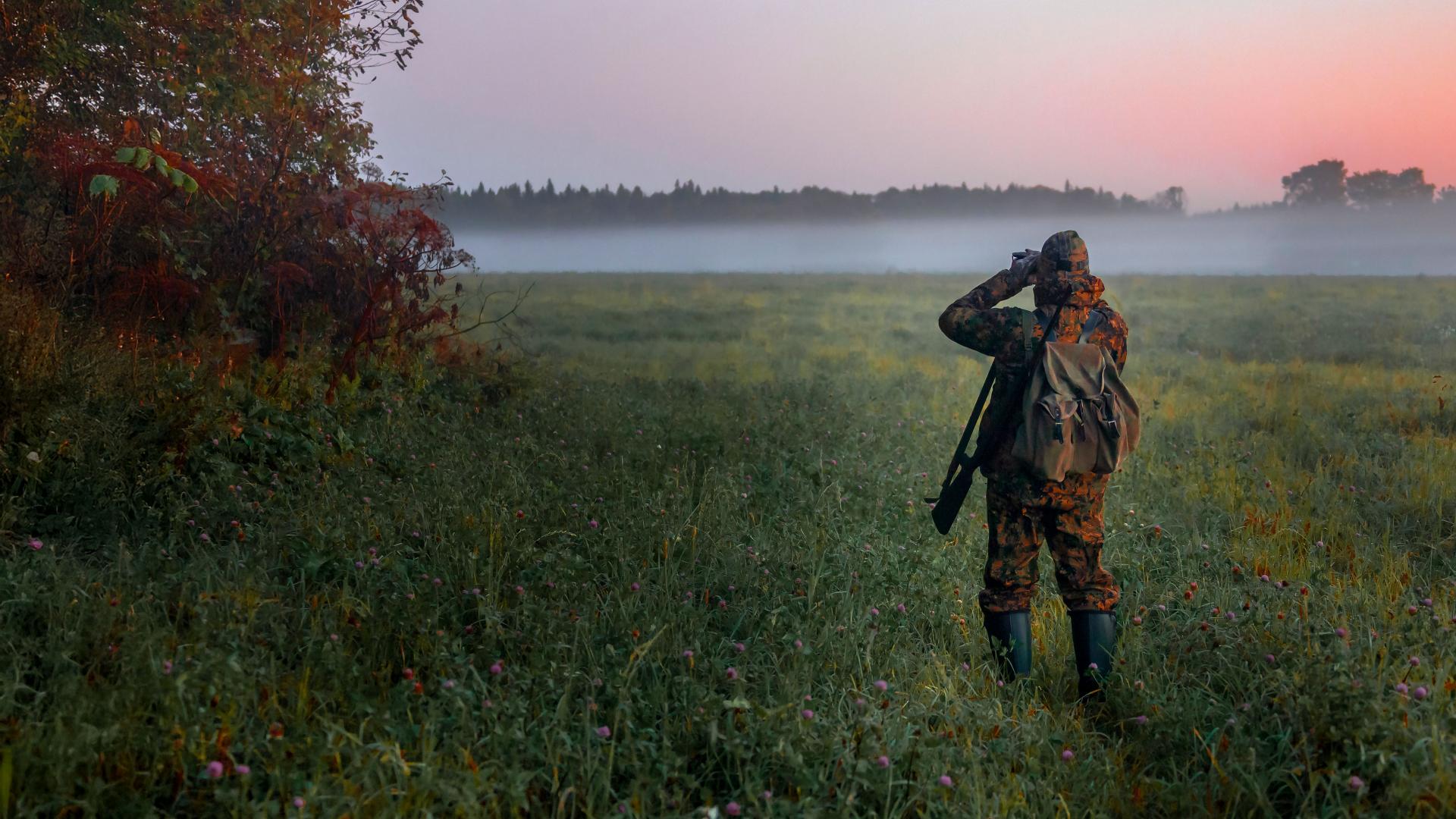 Hunter with binoculars in a landscape at sunrise – ZEISS 20x60 S binoculars with image stabilization
