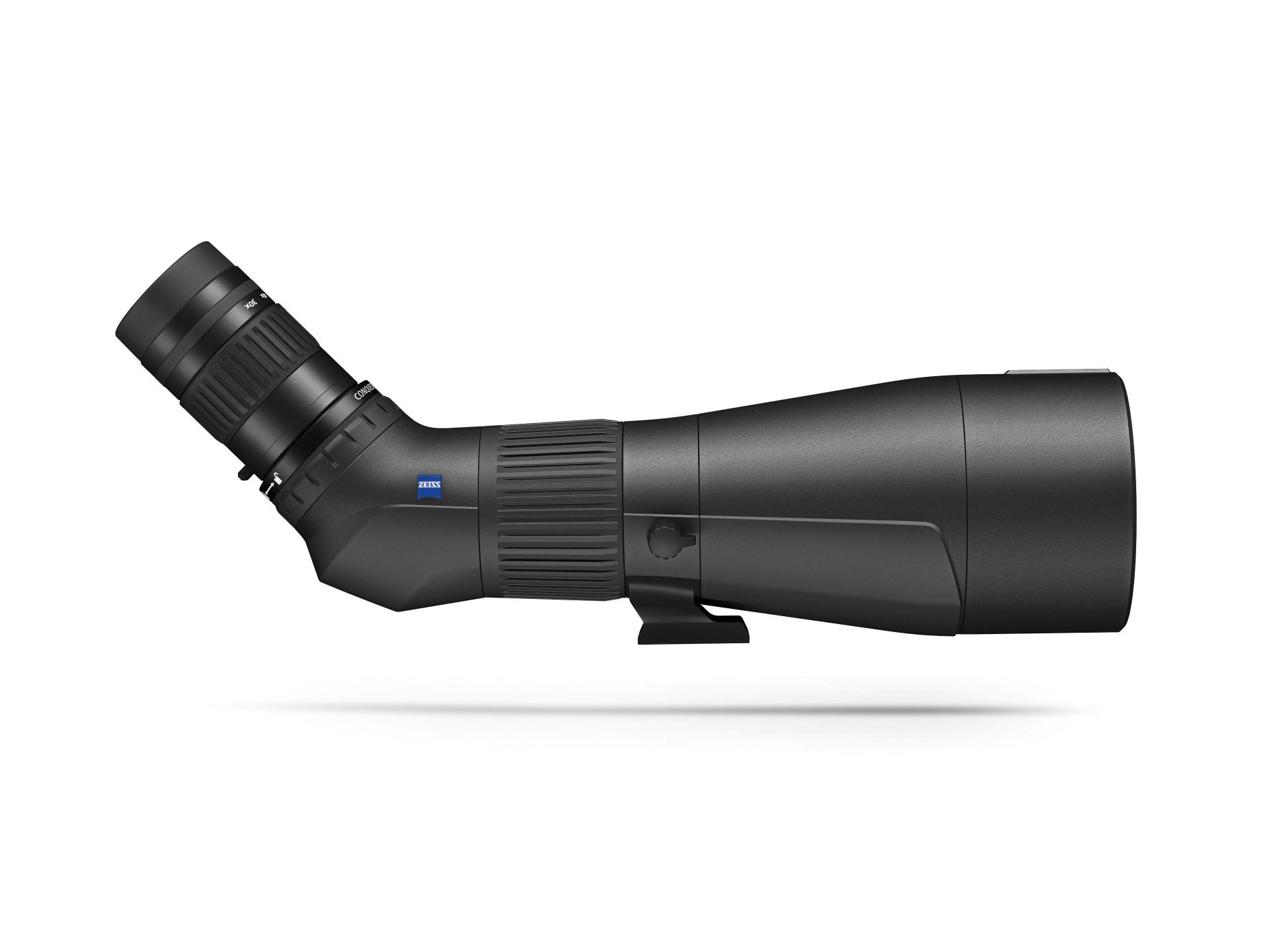 Side view of a black angled spotting scope with the ZEISS logo on the side.