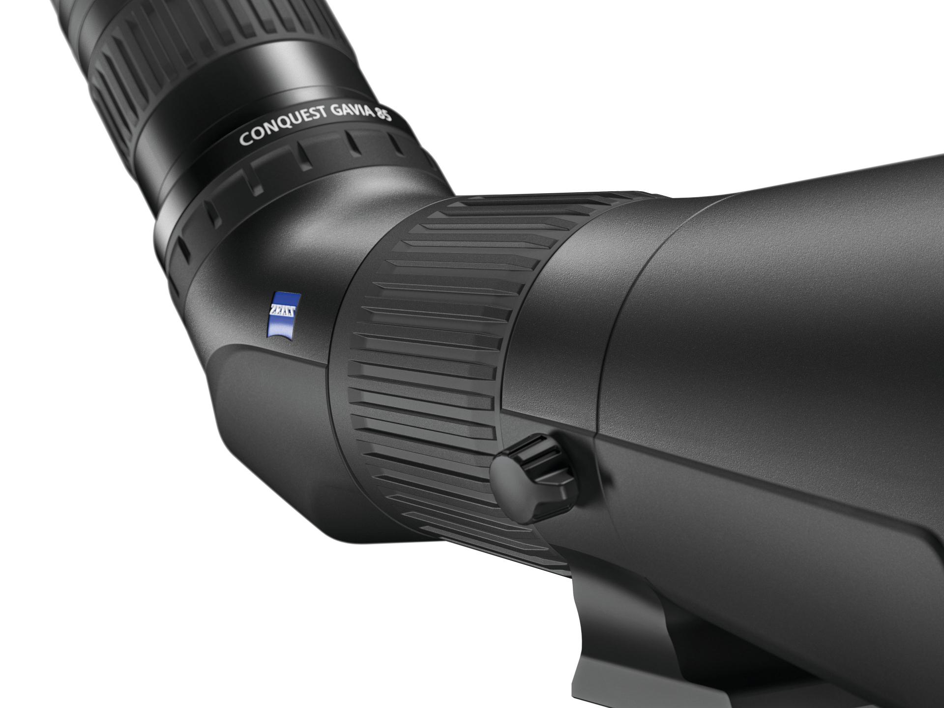 Close-up view of a ZEISS Conquest Gavia 85 spotting scope showing the adjustment ring and branded detailing.