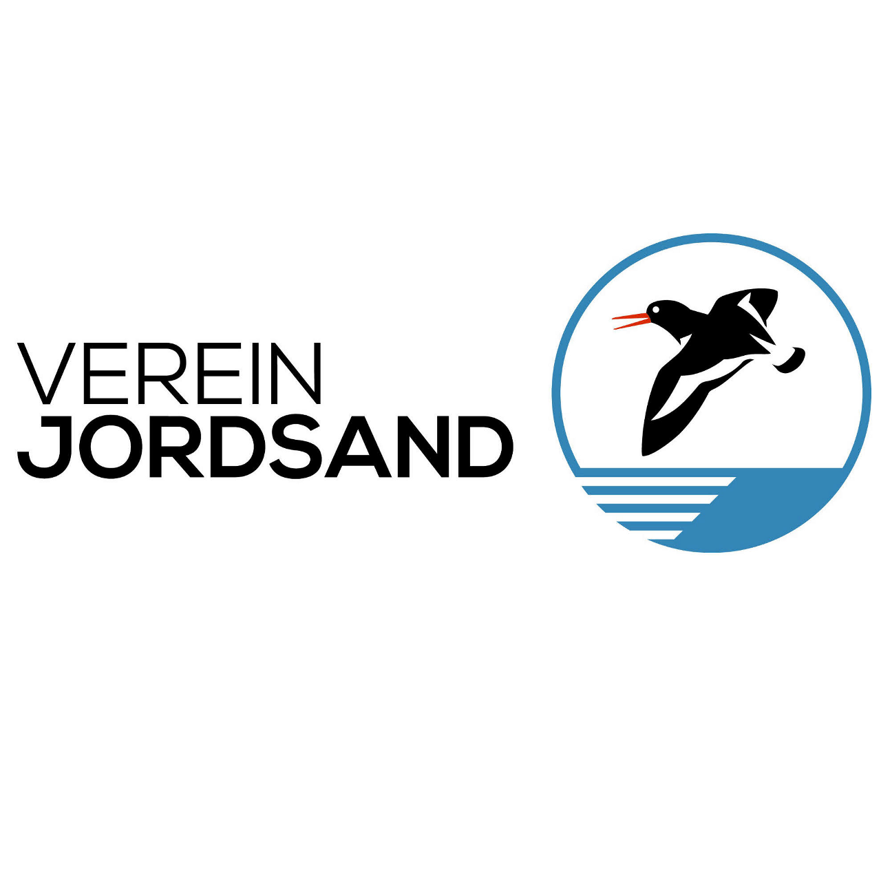 Logo of Verein Jordsand featuring a stylized black bird flying over a calm blue sea, viewed through a circular lens.