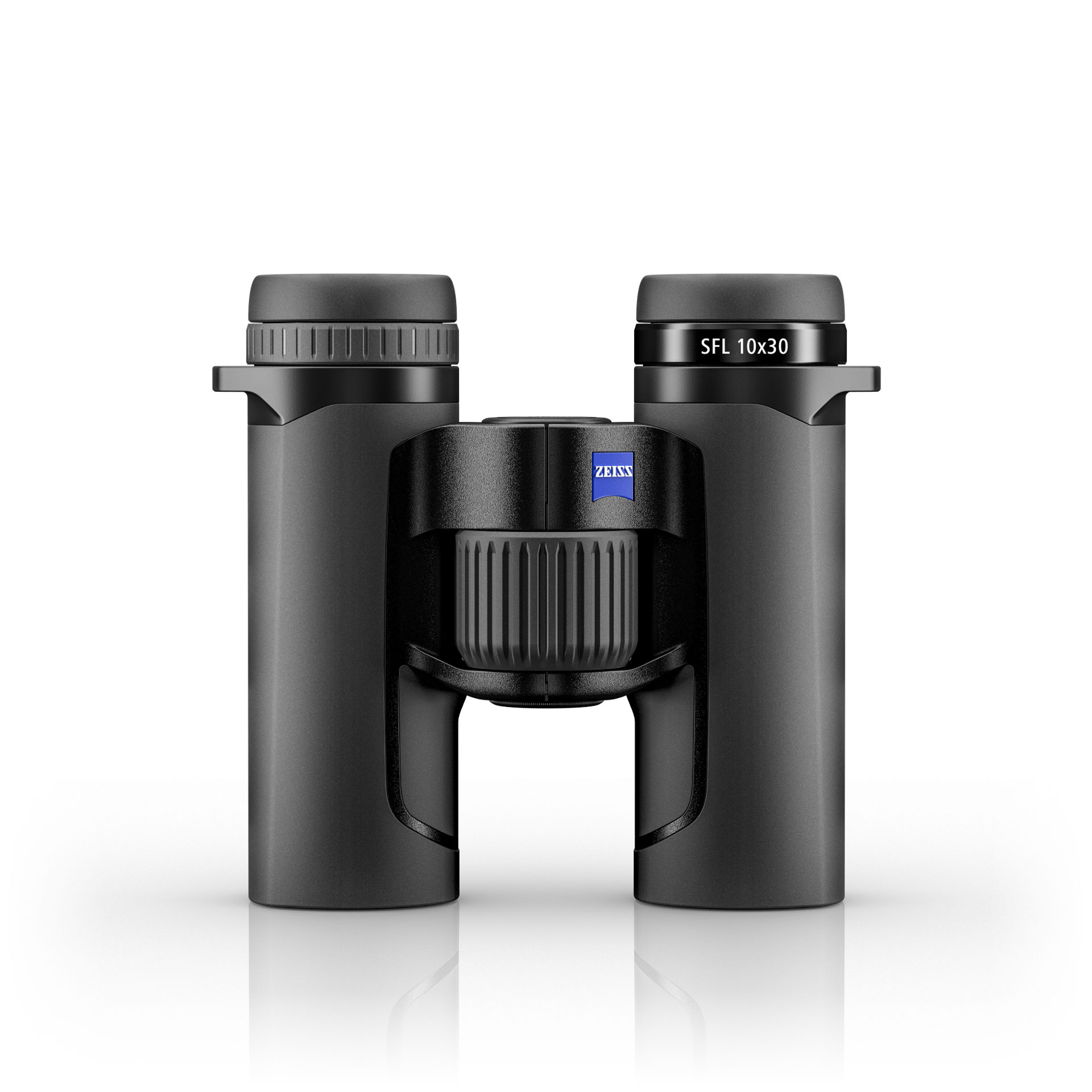 Black ZEISS SFL 10x30 binoculars shown from the front, with the ZEISS logo visible in the center.