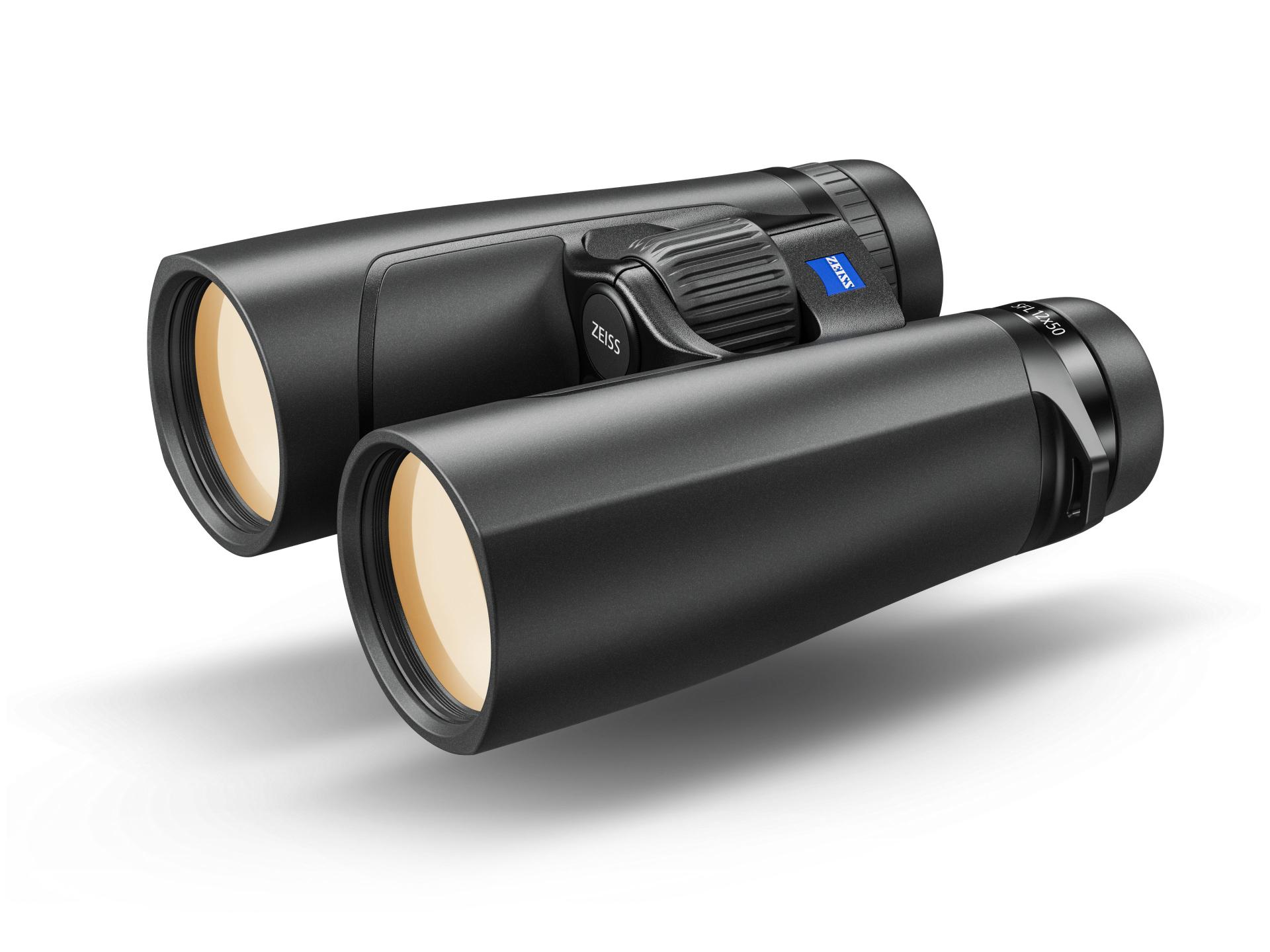 Black ZEISS binoculars with large objective lenses and a textured central focusing wheel, displayed on a white background.