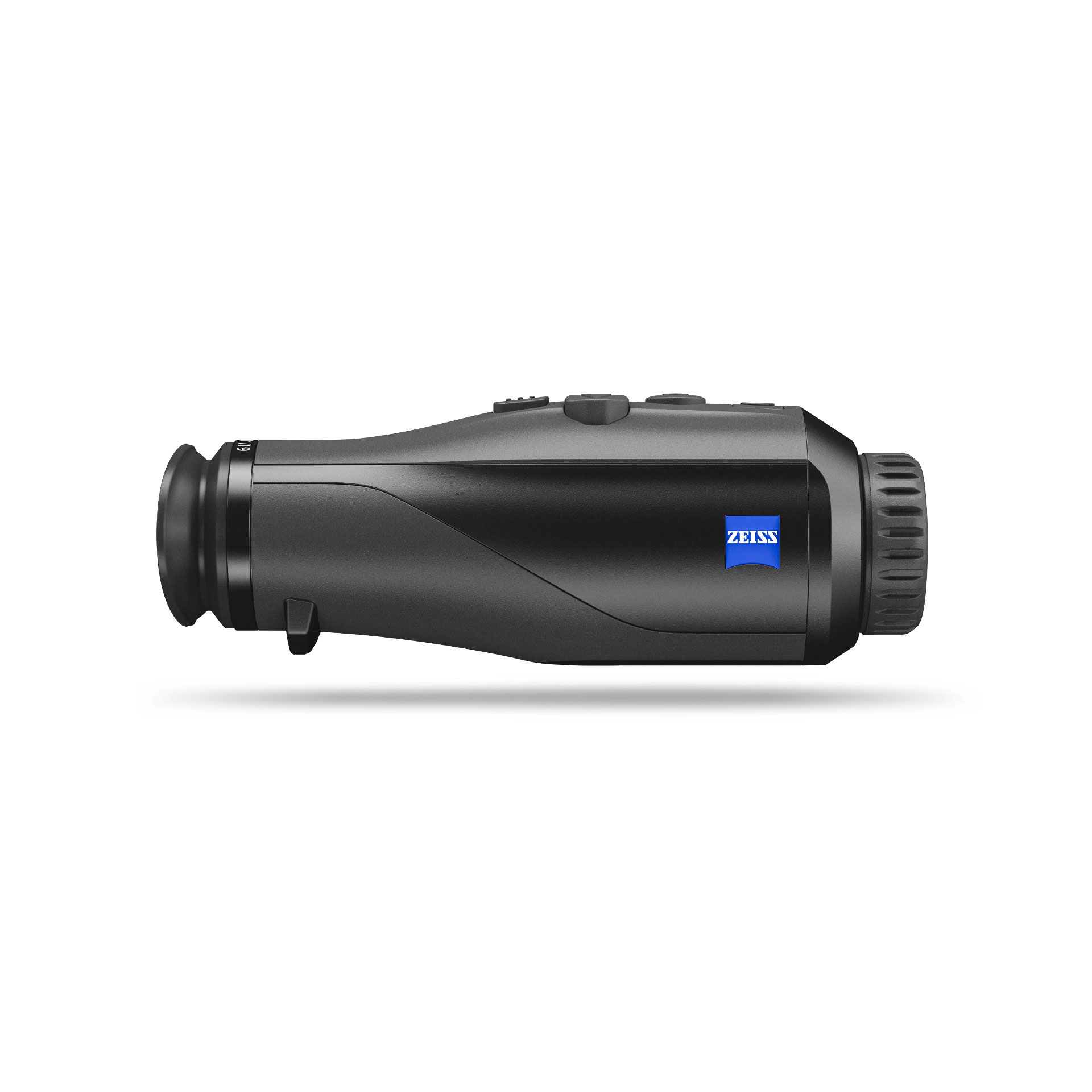 Side view of a black ZEISS thermal imaging monocular with control buttons on top and the ZEISS logo on the side.
