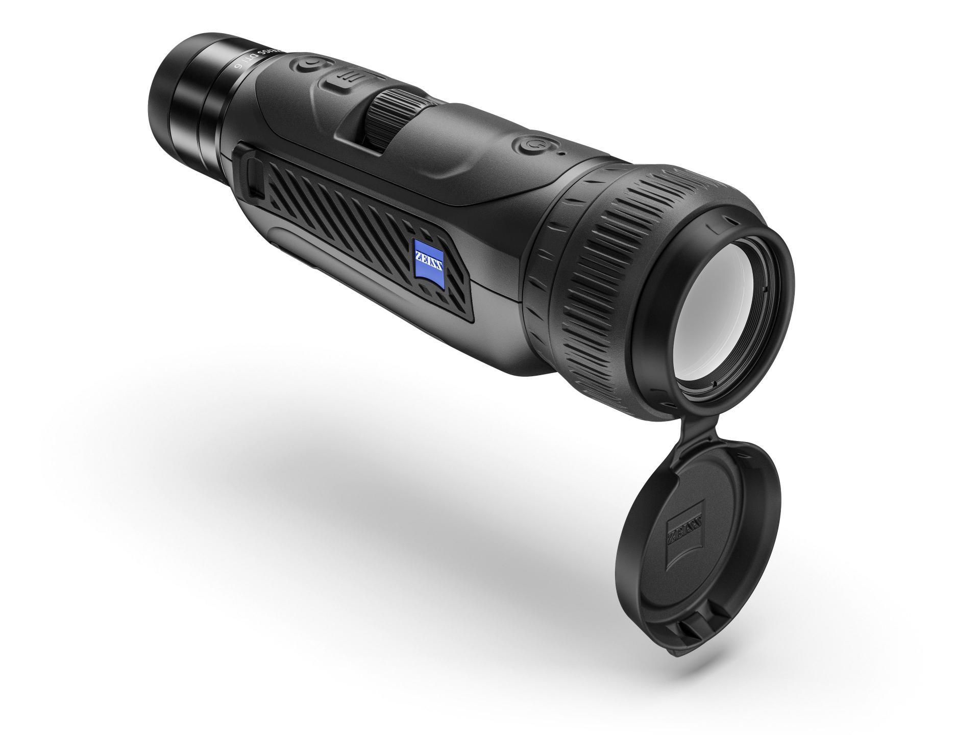 Black ZEISS thermal imaging monocular with a textured grip, visible ZEISS logo, and an open lens cap.
