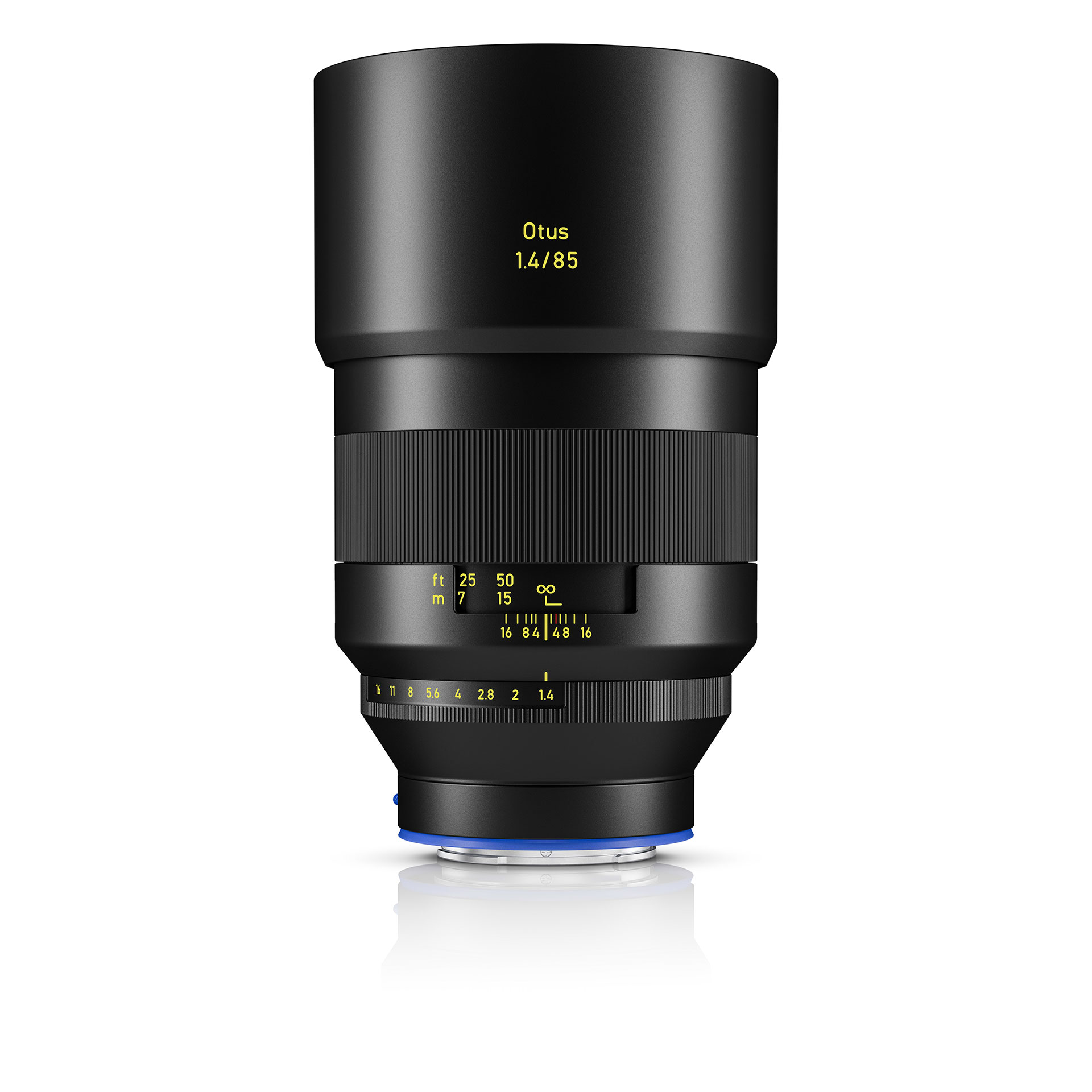 Black ZEISS Otus 1.4/85 camera lens with yellow focal length and aperture markings displayed against a white background.