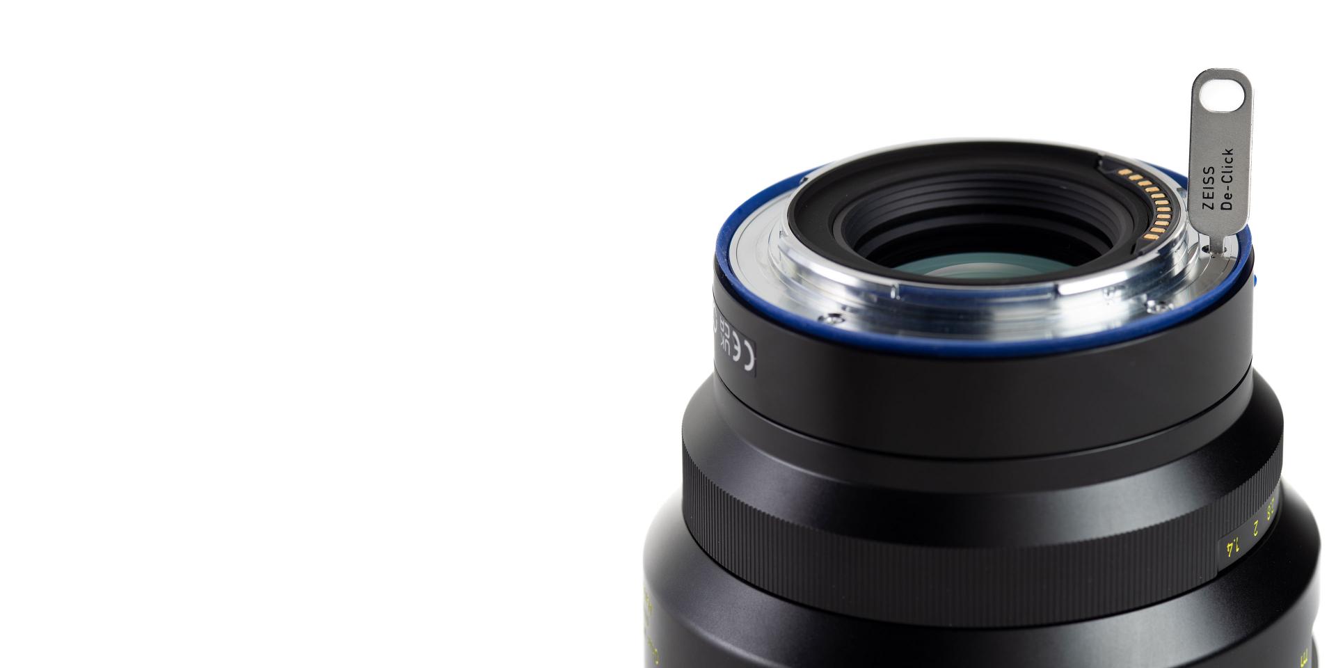 Close-up of a ZEISS loxia lens featuring the innovative De-Click gear ring, designed for smooth aperture adjustments in professional video production.