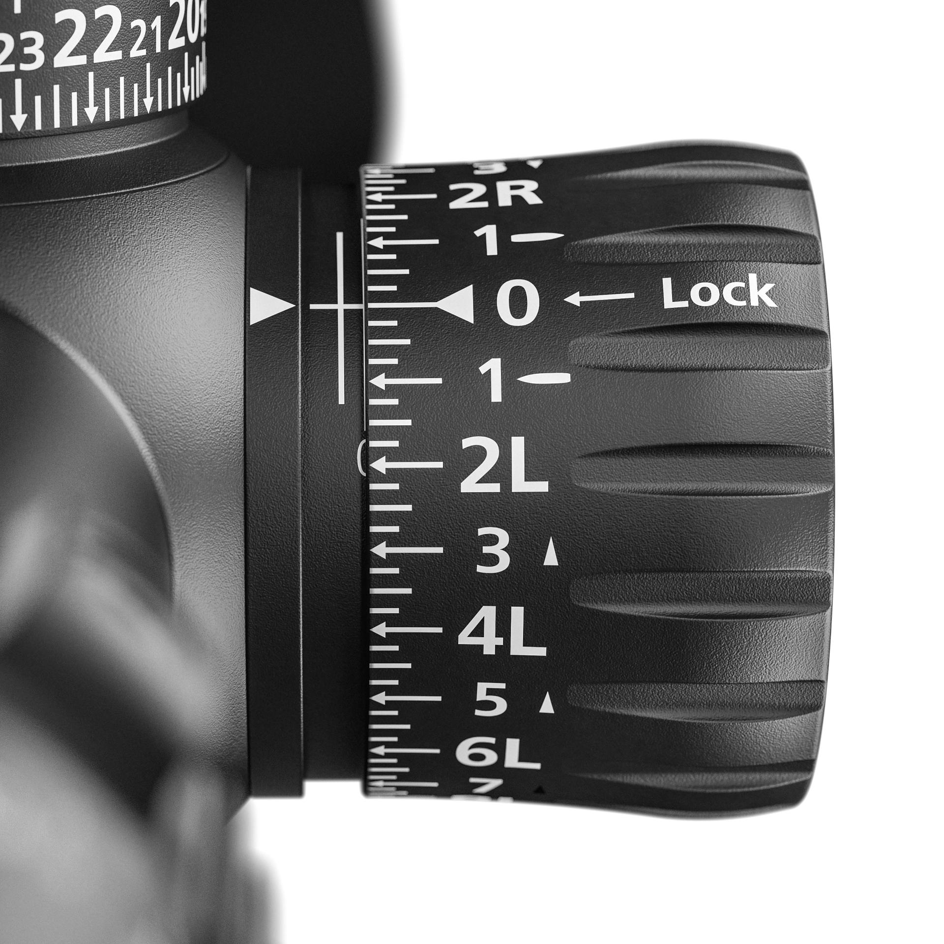 Close-up of a ZEISS precision adjustment dial with detailed numeric and directional markings, including a "Lock" indicator.