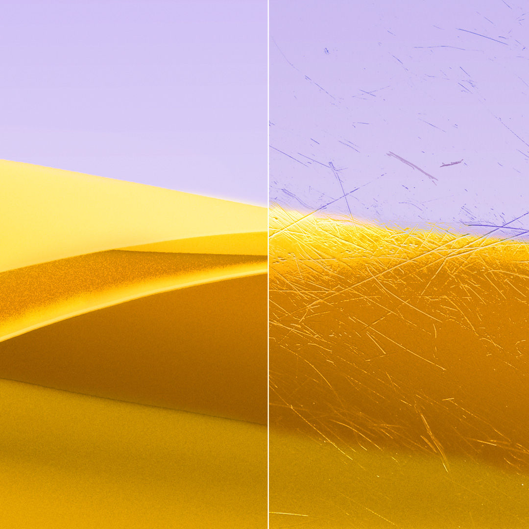 Immagini divise di una lente chiara e pulita con ZEISS DuraVision Gold UV e di una lente con graffi.