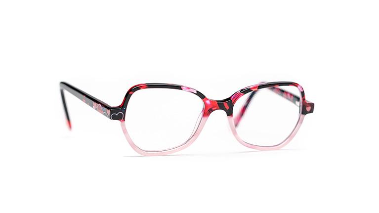 Occhiali da vista per bambini con montatura nera, rossa e rosa pallido con cuori.