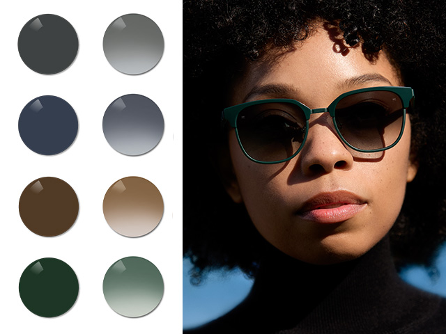 Una giovane donna che indossa lenti da sole ZEISS Rx nel colore nero. Successivamente vengono mostrati i colori Black, Grey, Brown e Pioneer, nelle versioni tinta unita e sfumato.