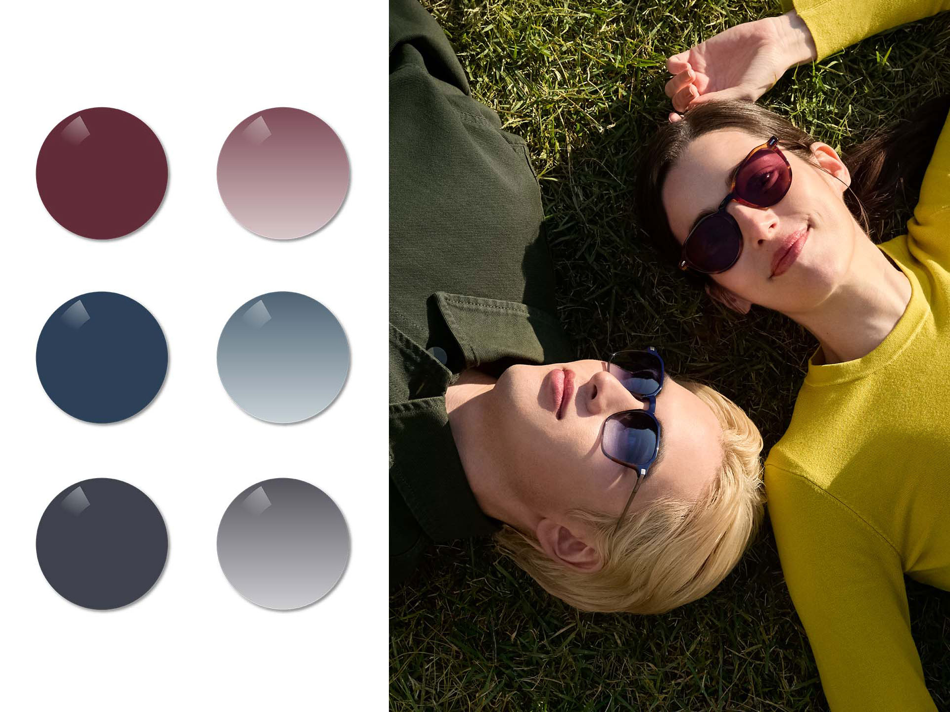 Un uomo che indossa lenti vista-sole ZEISS nella tonalità Midnight Blue, e una donna che indossa lenti per occhiali da sole graduati ZEISS nella tonalità Burgundy, distesi sull&apos;erba. Successivamente vengono mostrate le tonalità Burgundy, Midnight Blue e Dusk Grey nelle versioni tinta unita e sfumato.