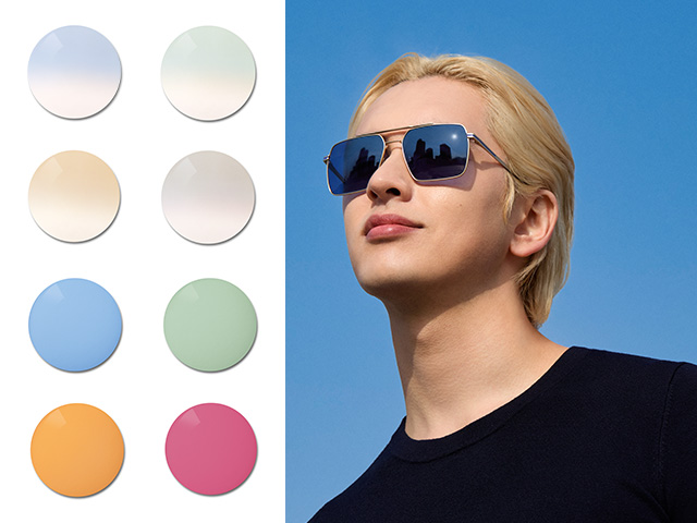 Un giovane uomo che indossa lenti da sole ZEISS Rx nella colorazione blu tinta unita. Successivamente, viene mostrata la palette delle colorazioni esclusive, dalle sfumature tenui alle tonalità a tinta unita accese e brillanti.