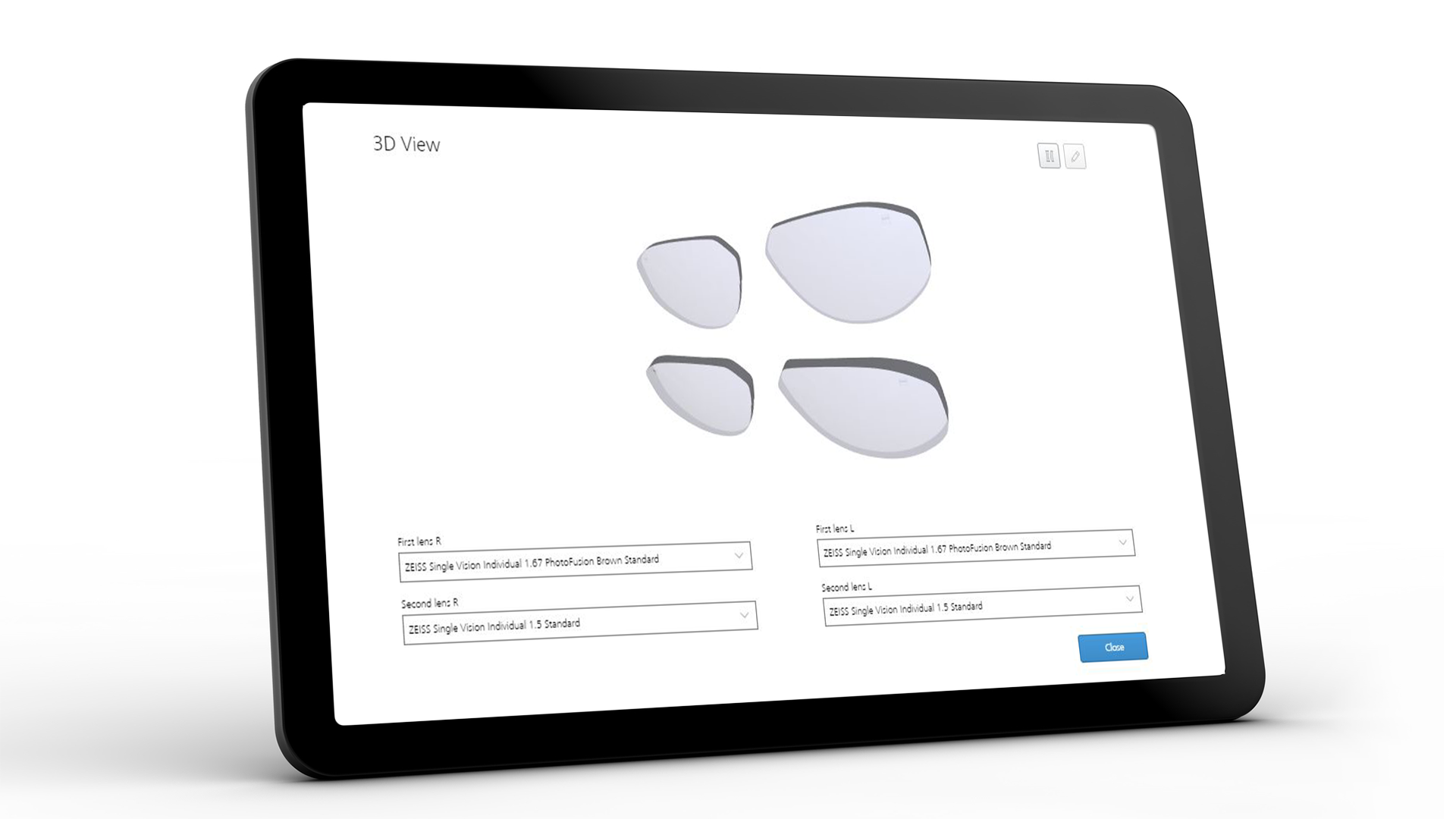 Schermo del tablet che mostra l'interfaccia ZEISS VISUSTORE per la vista 3D 