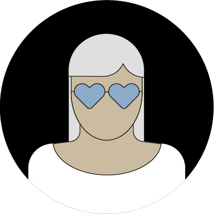 Illustrazione di una donna che indossa occhiali con lenti a forma di cuore. 