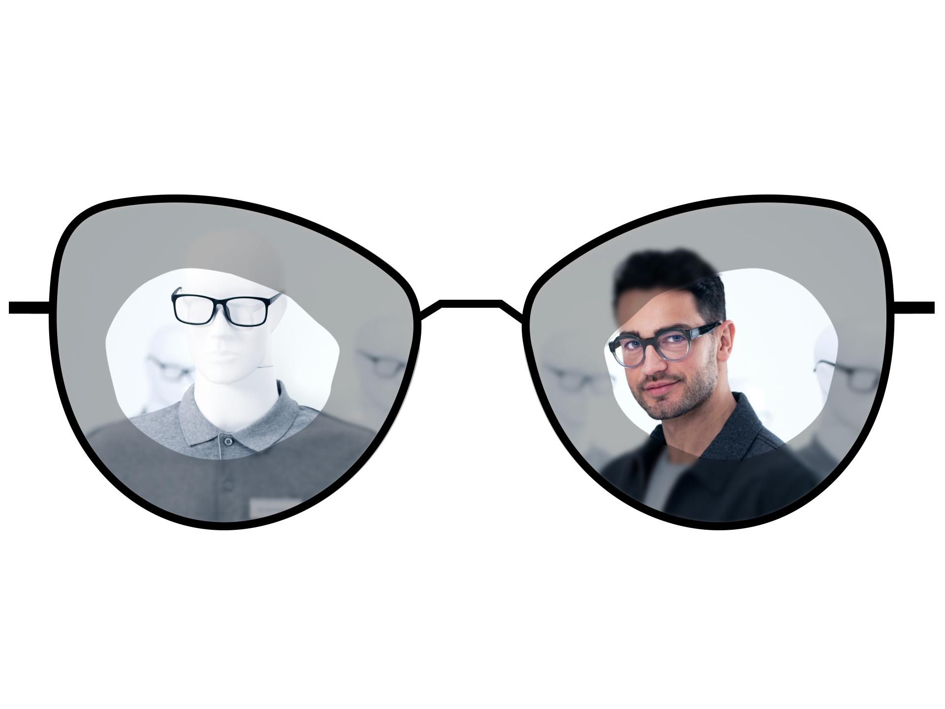 Disegno di occhiali che mostra le zone sfuocate di lenti monofocali standard rispetto alle ampie zone di visione nitide delle lenti monofocali ZEISS ClearView