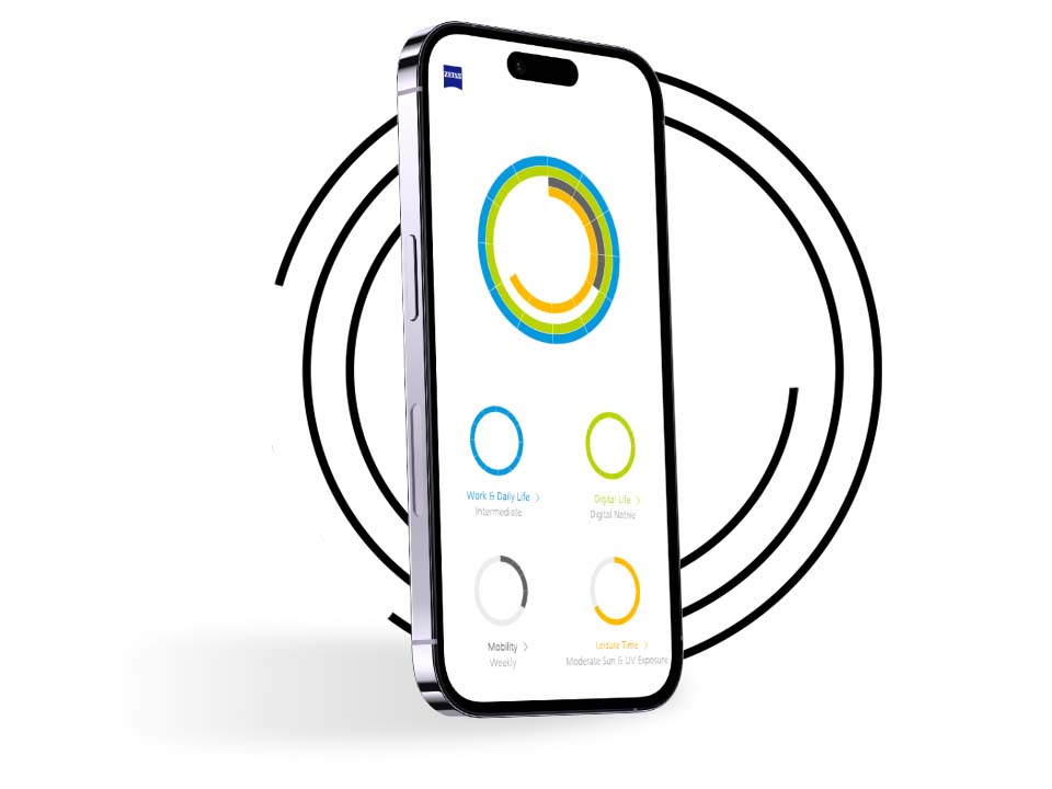 Uno smartphone di fronte a degli anelli neri mostra il profilo visivo di un utente &quot;Il mio profilo visivo&quot; con cerchi di diversi colori. 