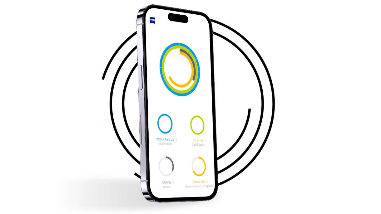 Uno smartphone di fronte a degli anelli neri mostra il &quot;Profilo Visivo&quot; di un utente con cerchi di diversi colori. 