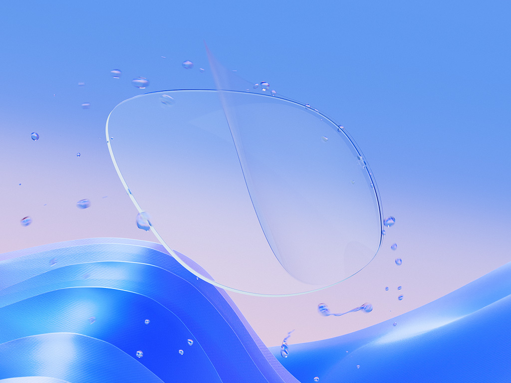 Rappresentazione in CGI una lente da vista trasparente su cui viene applicato un sottile strato di trattamento che respinge efficacemente le gocce d&apos;acqua e ne mette in evidenza la chiarezza e le caratteristiche protettive.
