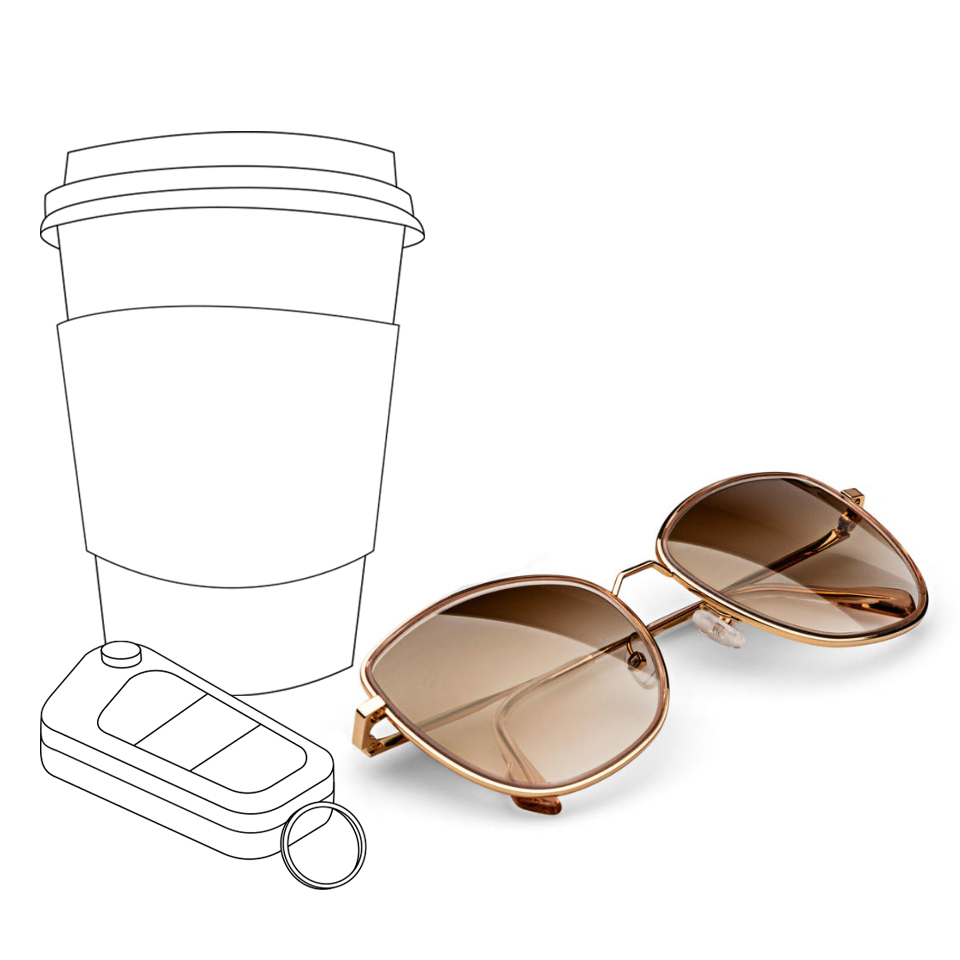 Illustrazione di una tazzina da caffè e di chiavi di un&apos;auto accanto a un&apos;immagine reale delle lenti per occhiali da sole ZEISS di colore marrone sfumato.
