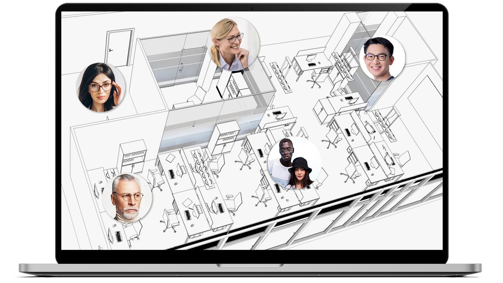 Laptop con un disegno del layout dell'ufficio sullo schermo, che mostra la posizione dei diversi collaboratori. Ogni area presenta una piccola immagine rotonda di persone diverse, tutte con occhiali per ufficio ZEISS.