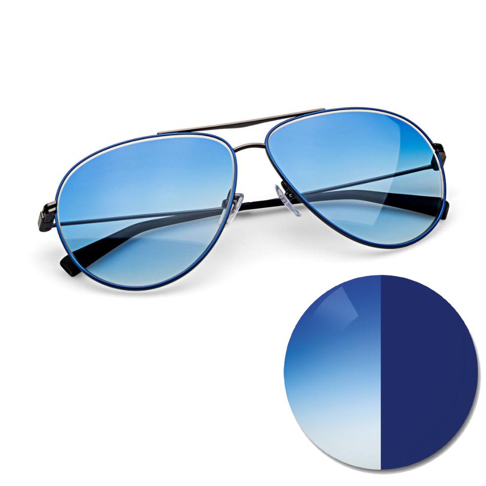 Occhiali con lenti ZEISS AdaptiveSun in blu sfumato e un cerchio che mostra il colore nella gradazione chiara e scura