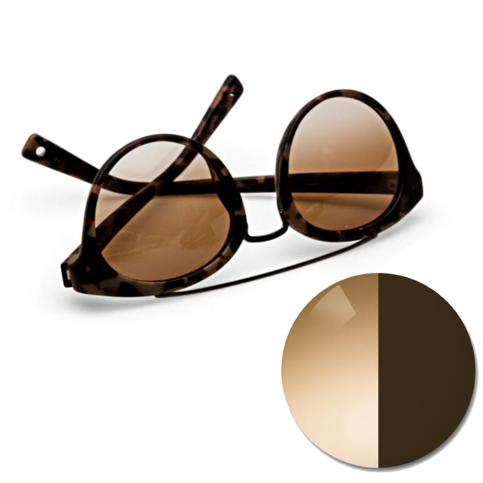 Occhiali con lenti ZEISS AdaptiveSun in marrone sfumato e un cerchio che mostra il colore nella gradazione chiara e scura