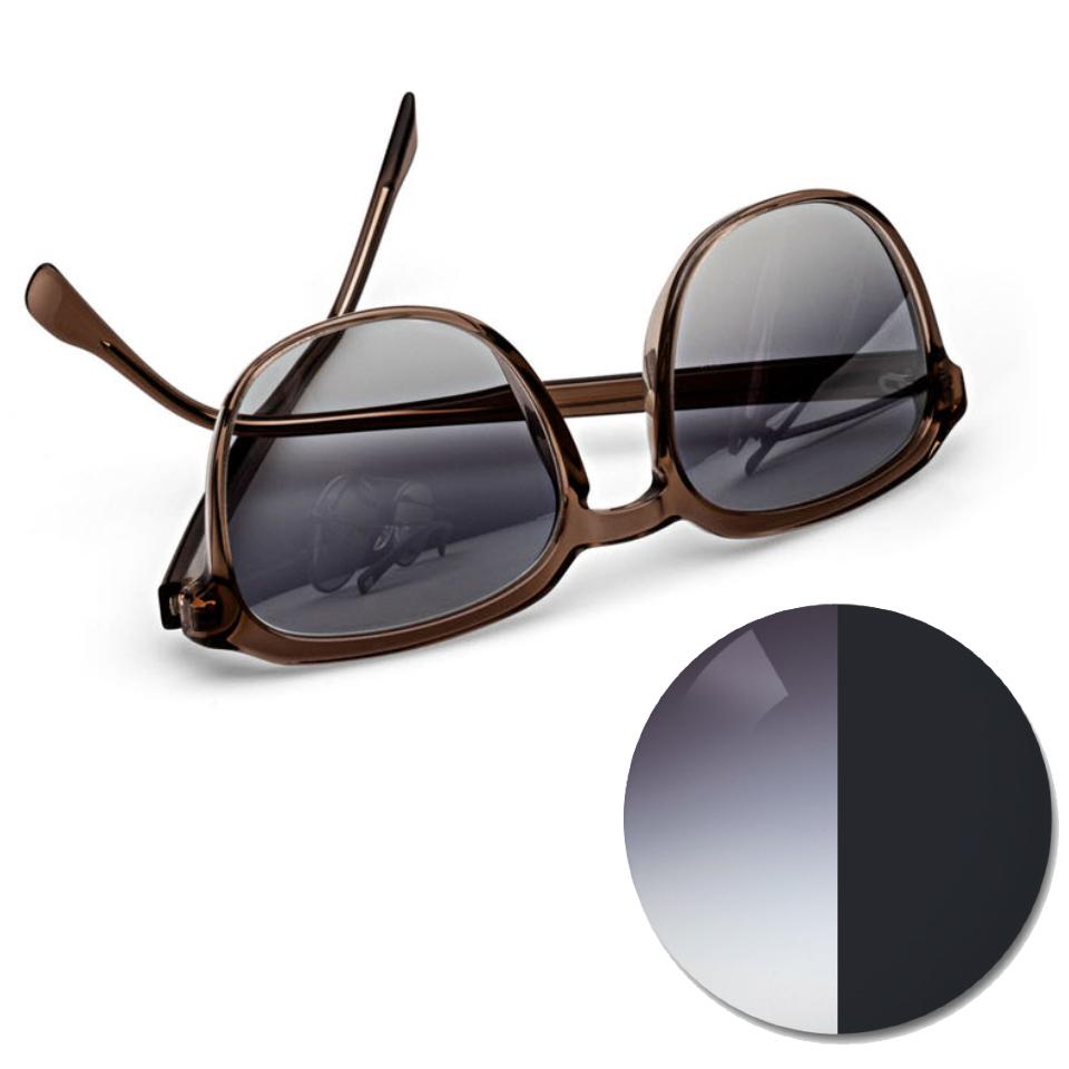 Occhiali con lenti ZEISS AdaptiveSun in grigio sfumato e un cerchio che mostra il colore nella gradazione chiara e scura