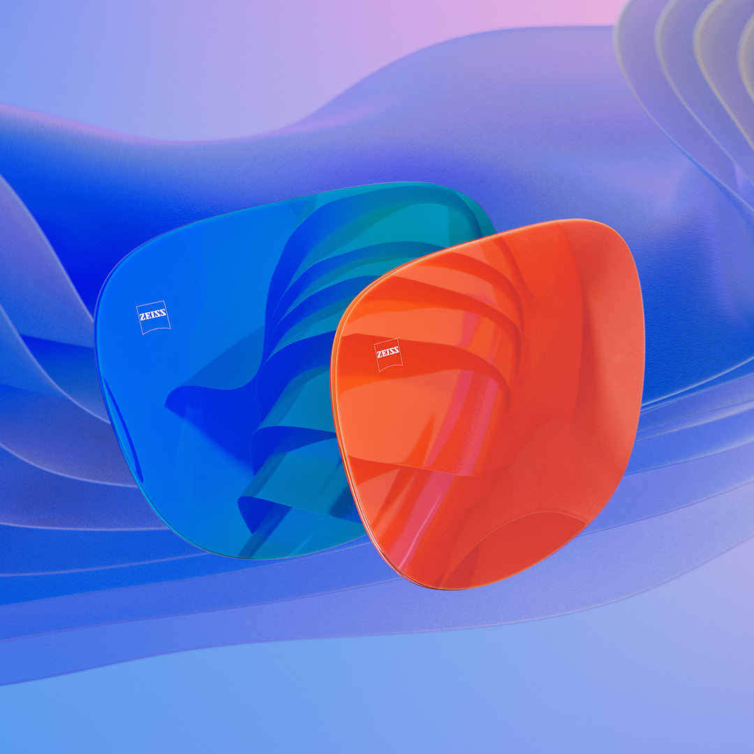 Illustrazione CGI di lenti per occhiali da sole con specchiatura blu e arancione.