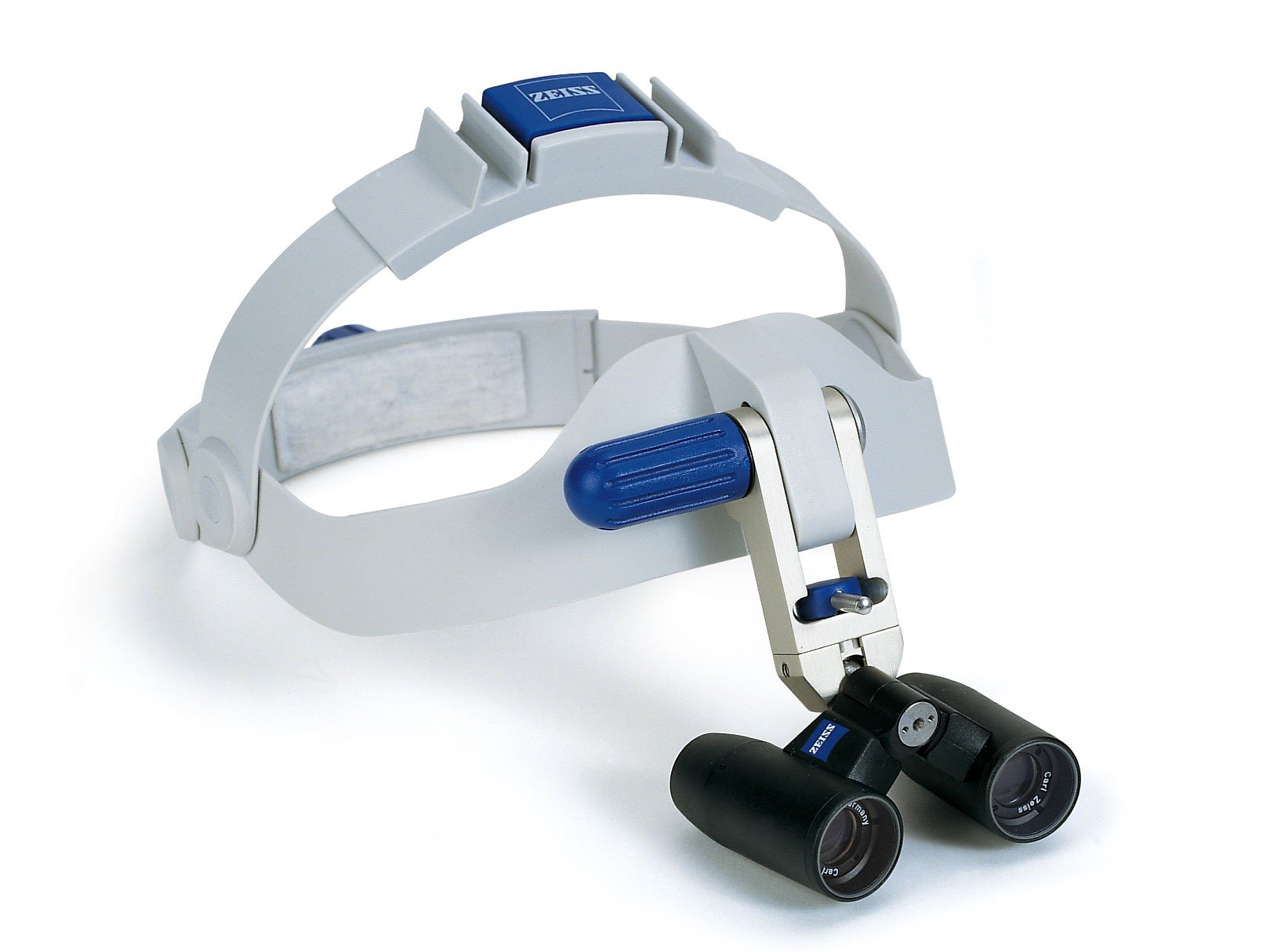 ZEISS Head-worn Loupes with adjustable headband. The teleloupe system is mounted via a swivelling attachment.
