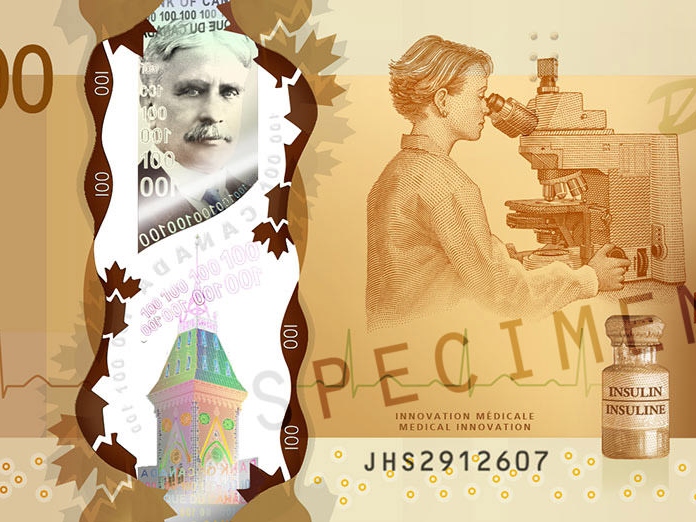Immagine ravvicinata di una banconota canadese da 100 $ che, tra le altre cose, raffigura un microscopio ZEISS.