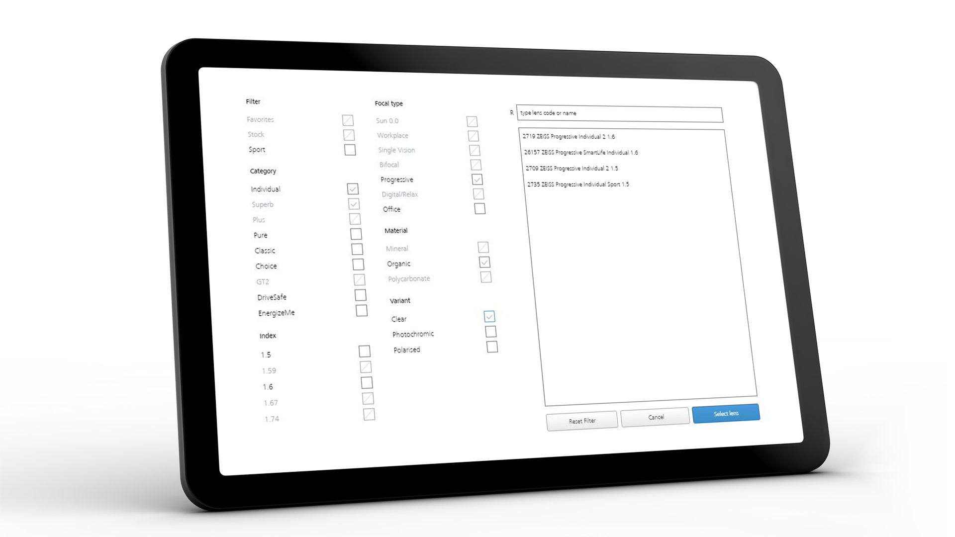Schermo del tablet che mostra l'interfaccia ZEISS VISUSTORE per diversi ausili di inserimento 