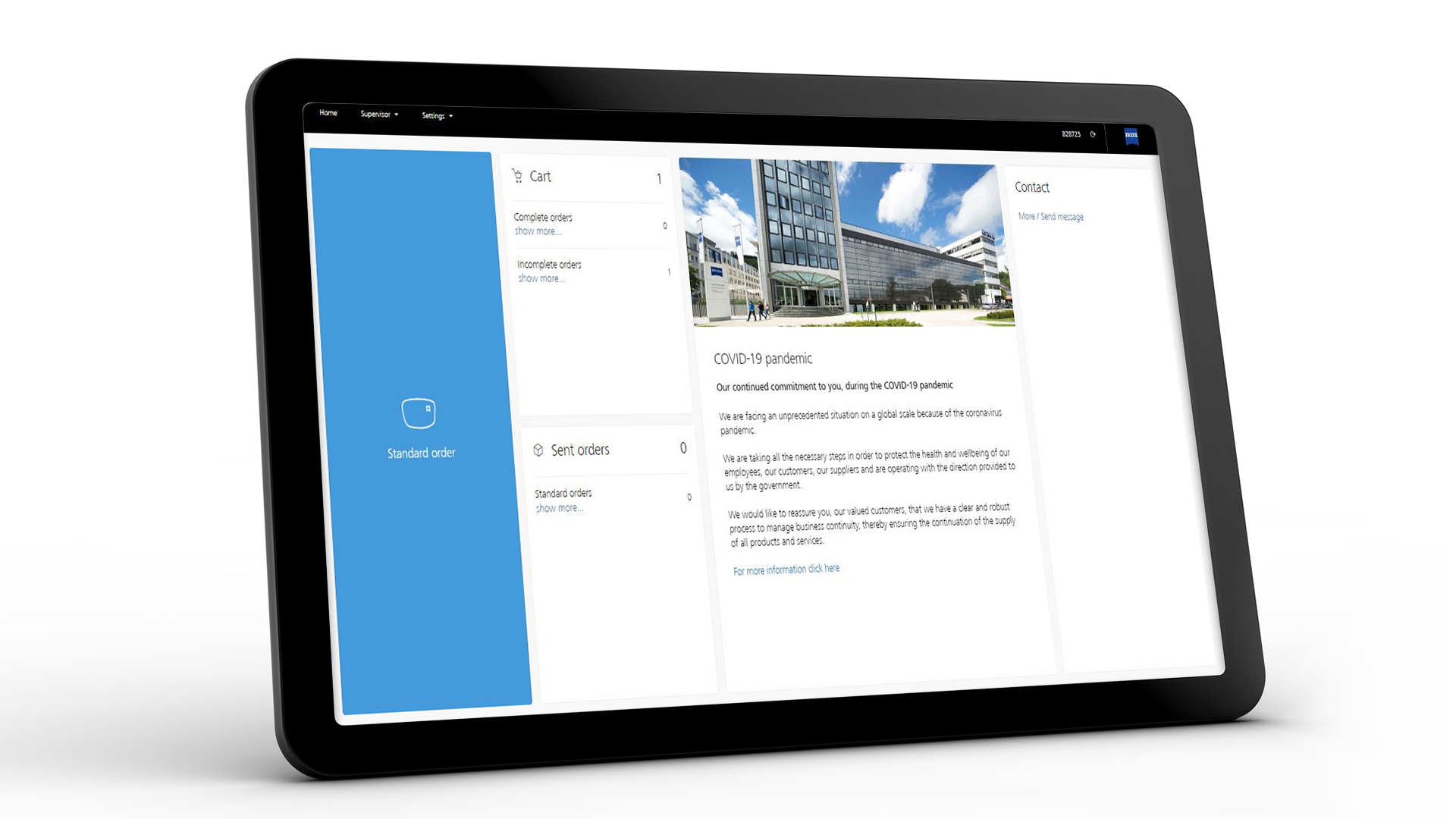 Schermo del tablet che mostra l'interfaccia ZEISS VISUSTORE per ordini standard 
