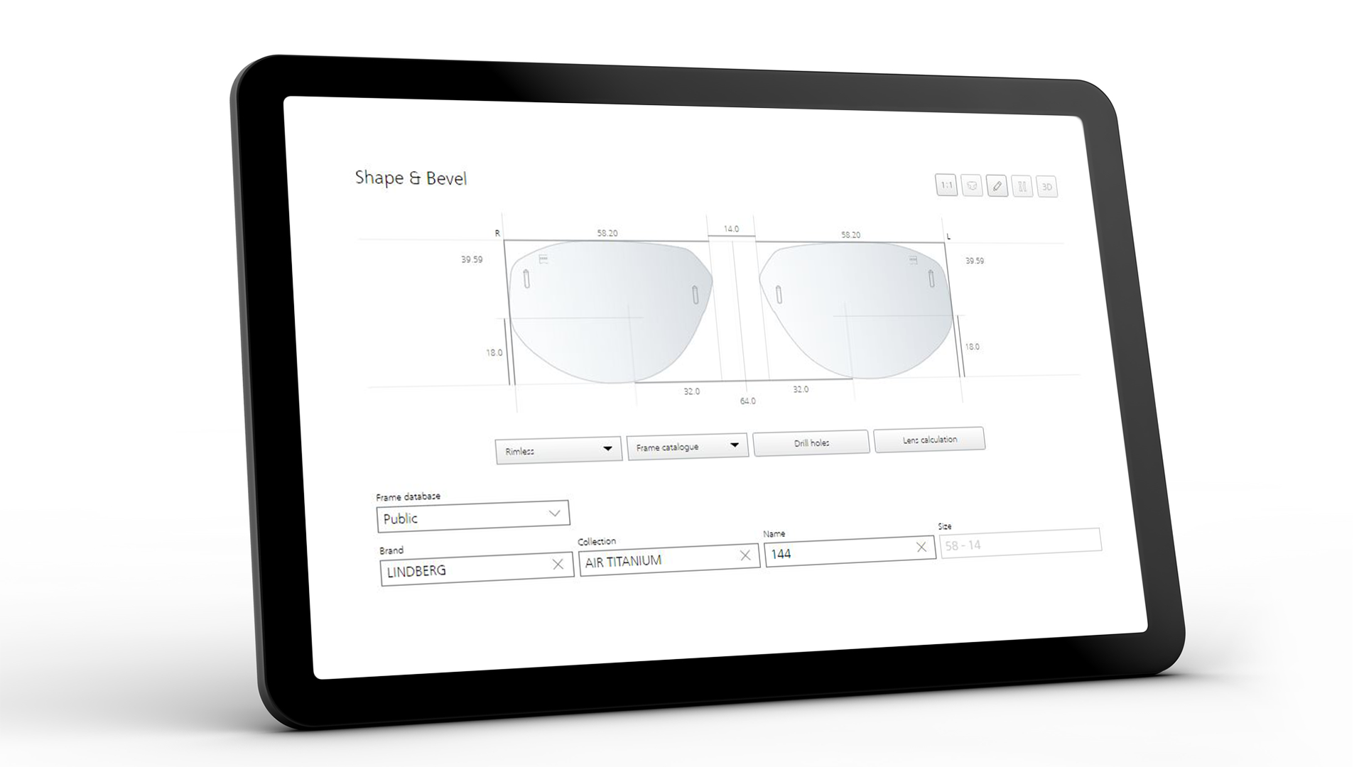 Schermo del tablet che mostra l'interfaccia ZEISS VISUSTORE per forma e smusso 