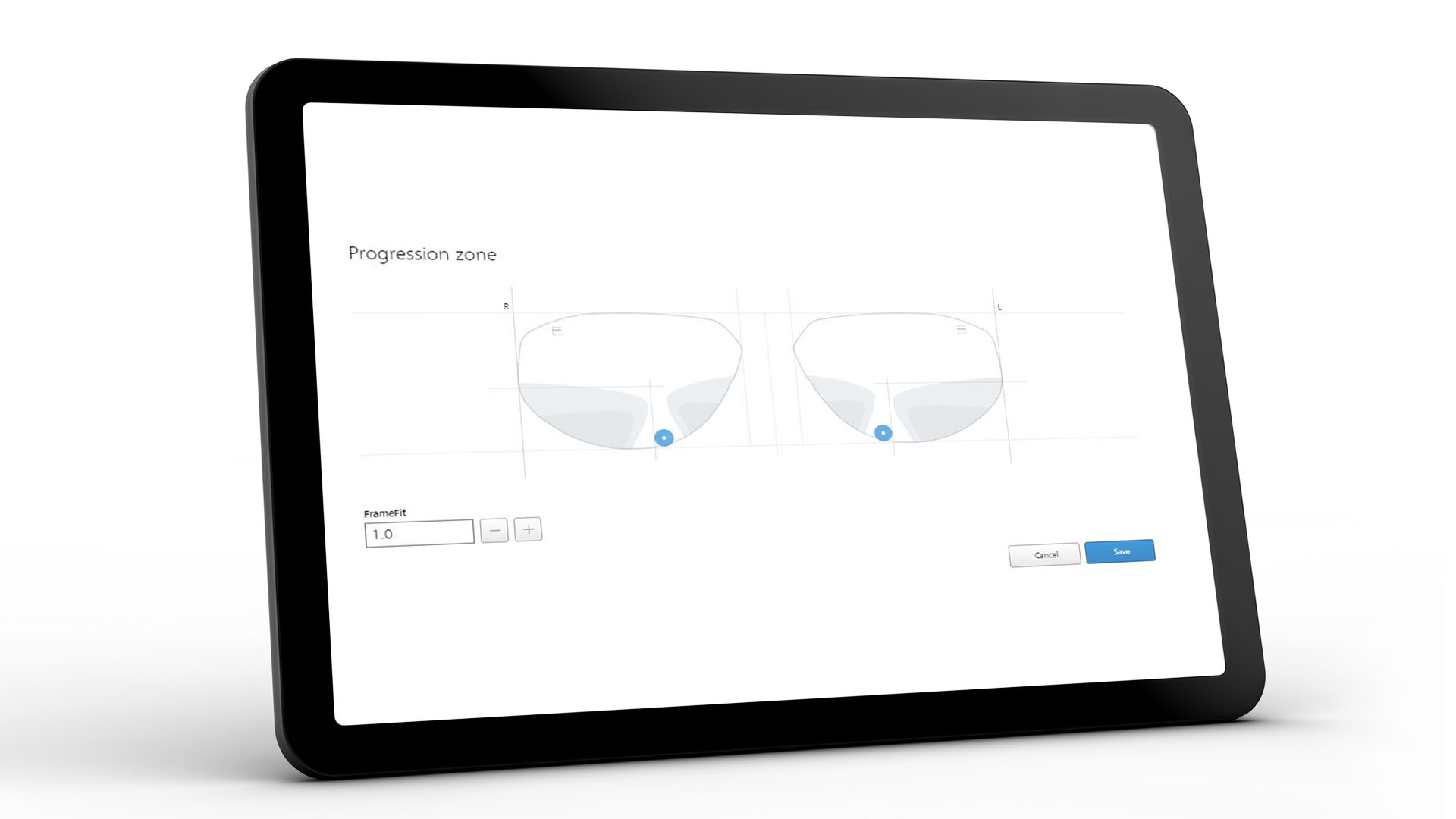 Schermo del tablet che mostra l'interfaccia ZEISS VISUSTORE per la zona di progressione 